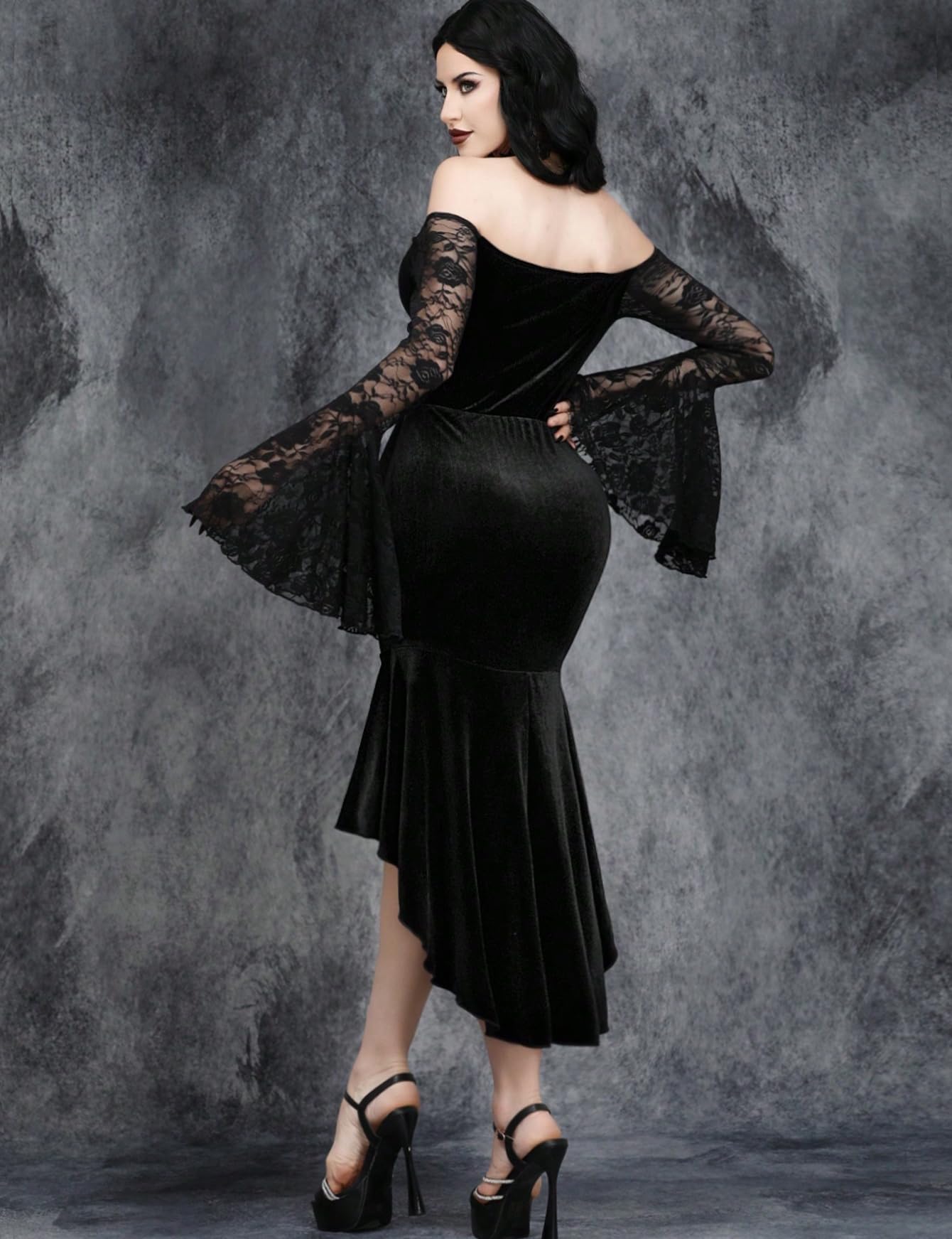 InGoticos Women Gothic Sexy Off Shoulder Flared Sleeves Lace Trim Patchwork Elegant Dress Without Choker Black