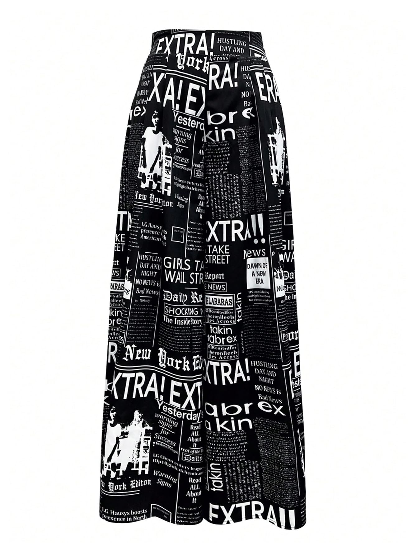 WDIRARA Women's Newspaper Print Wide Leg Pants Elastic Waist Loose Funky Letter Print Palazzo Pants Deep Black Large