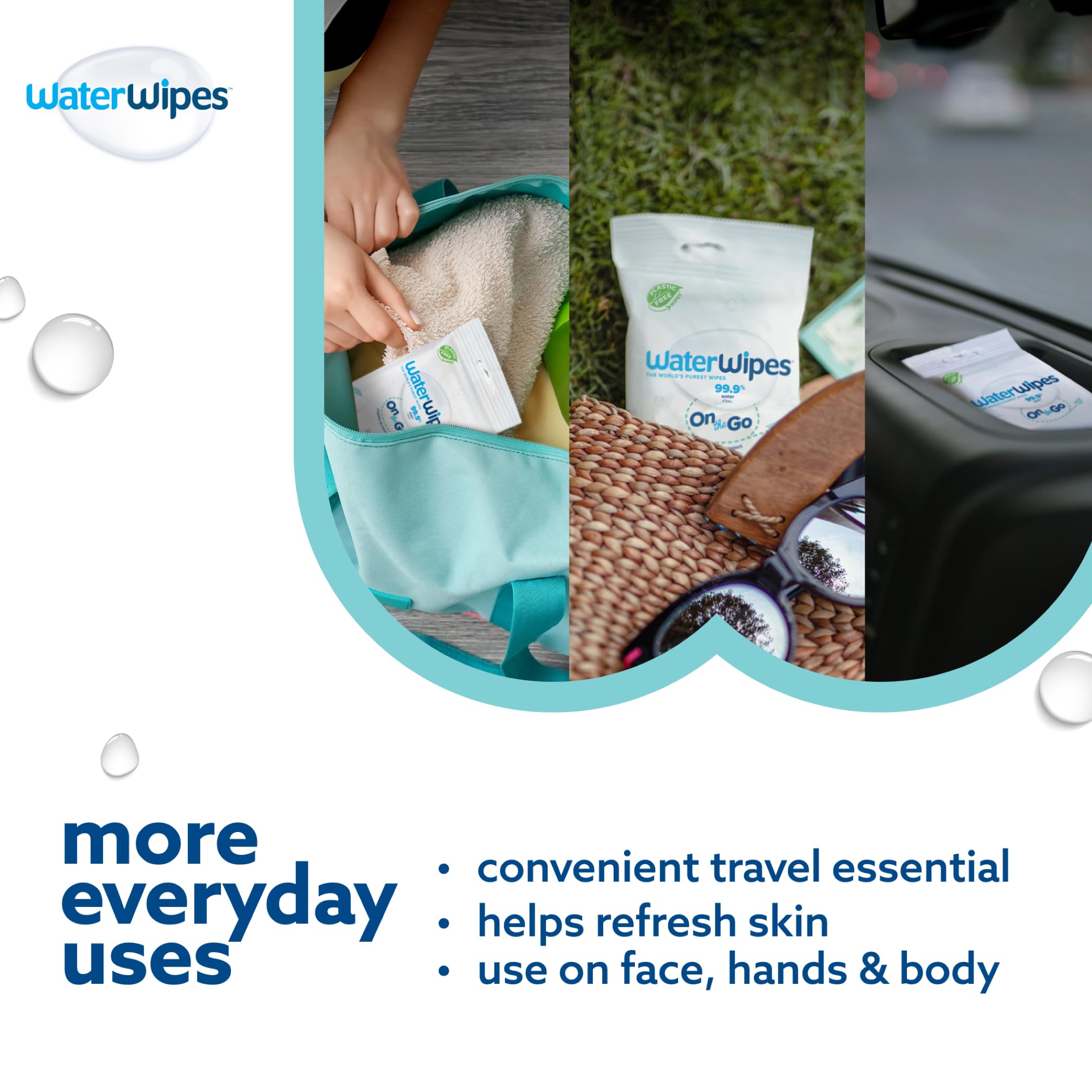 WaterWipes Sensitive+ On The Go Wipes, 224 Count (8 Packs), 3-In-1 Cleans, Cares, Protects, 99.9% Water, Unscented Wet Wipes