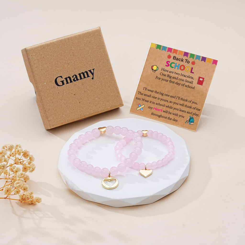 Gnamy Back to School Bracelets Gifts, Heart Matching Mommy and Me Bracelets Set First Day of School Jewelry Gifts for Mom Daughter Decorations Supplies Essentials Pink