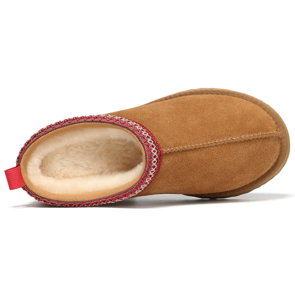 KIDMI Genuine Suede Platform Slippers for Women Fuzzy Winter Warm Shoes Indoor Outdoor, Chestnut 39