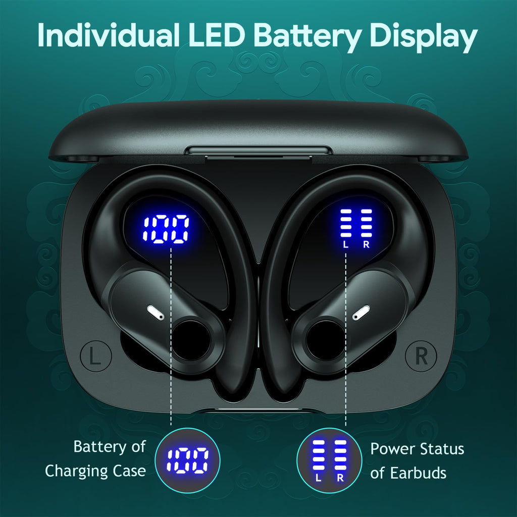 Active Noise Cancelling Earbuds Wireless Bluetooth Headphones 80H Playtime LED Power Display Charging Case Over Ear Hooks Ear Buds with Hi-Res Sound & Clear Calls for Sports Running Gym Workout Black