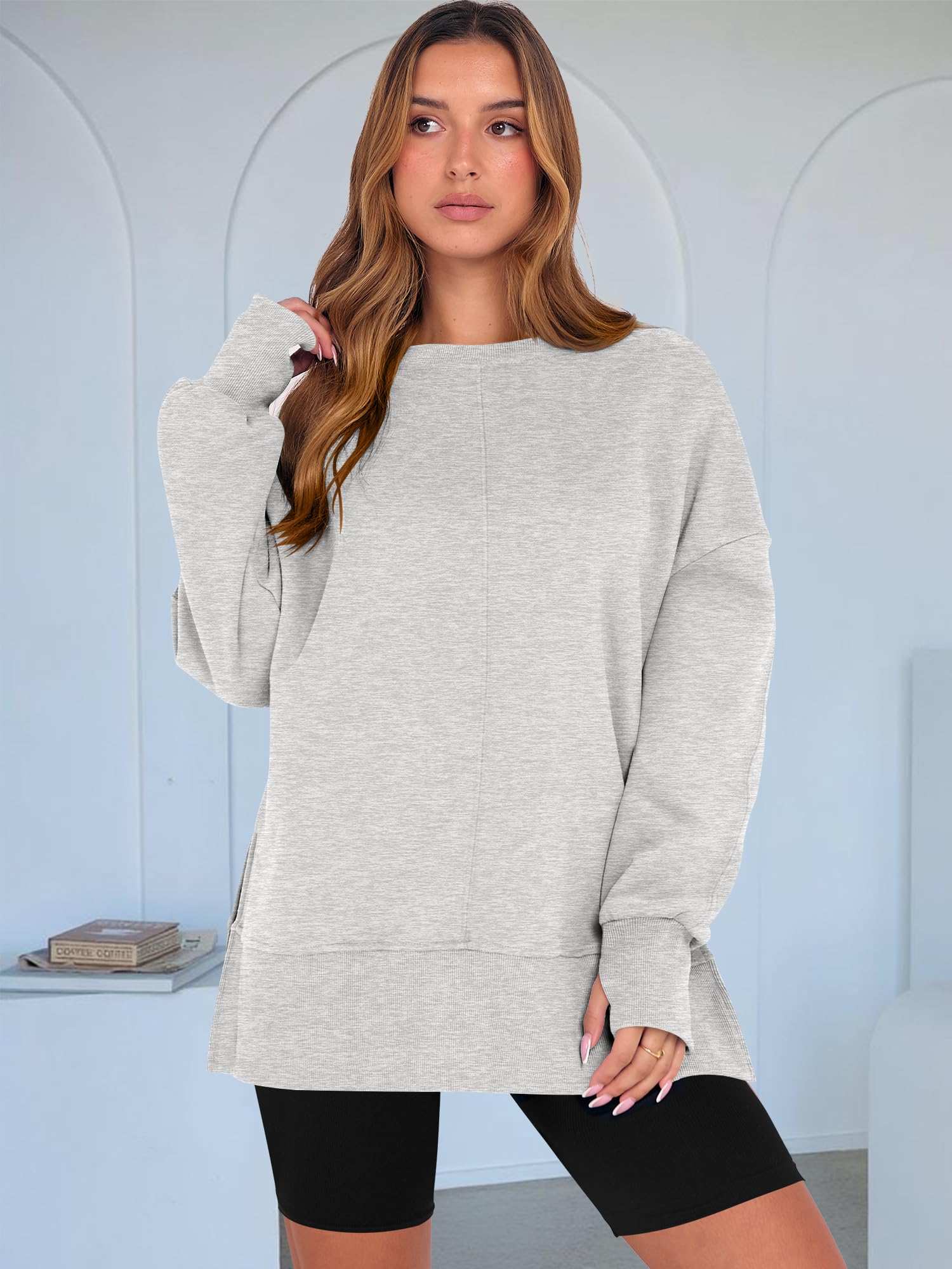 ANRABESS Women Oversized Sweatshirts Thumbhole Long Sleeve Hoodies Shirts 2025 Fall Side Slit Pullover Top Teen Y2k Outfits Grey Small