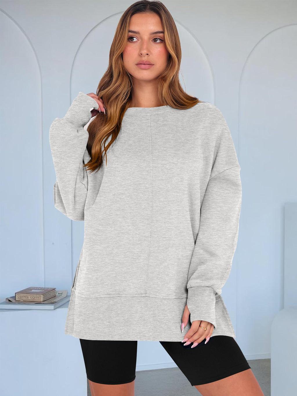 ANRABESS Women Oversized Sweatshirts Thumbhole Long Sleeve Hoodies Shirts 2025 Fall Side Slit Pullover Top Teen Y2k Outfits Grey X-Large
