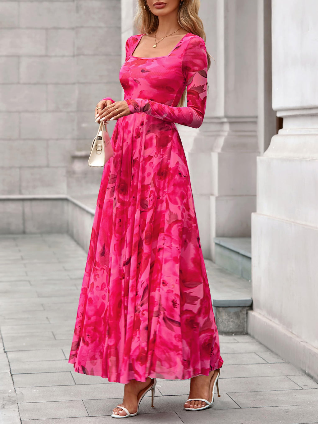 BTFBM Women Maxi Dress Fall 2026 Fashion Elegant Long Sleeve Square Neck Floral Print Party Club Wedding Guest Dresses(Floral Pink,Small)