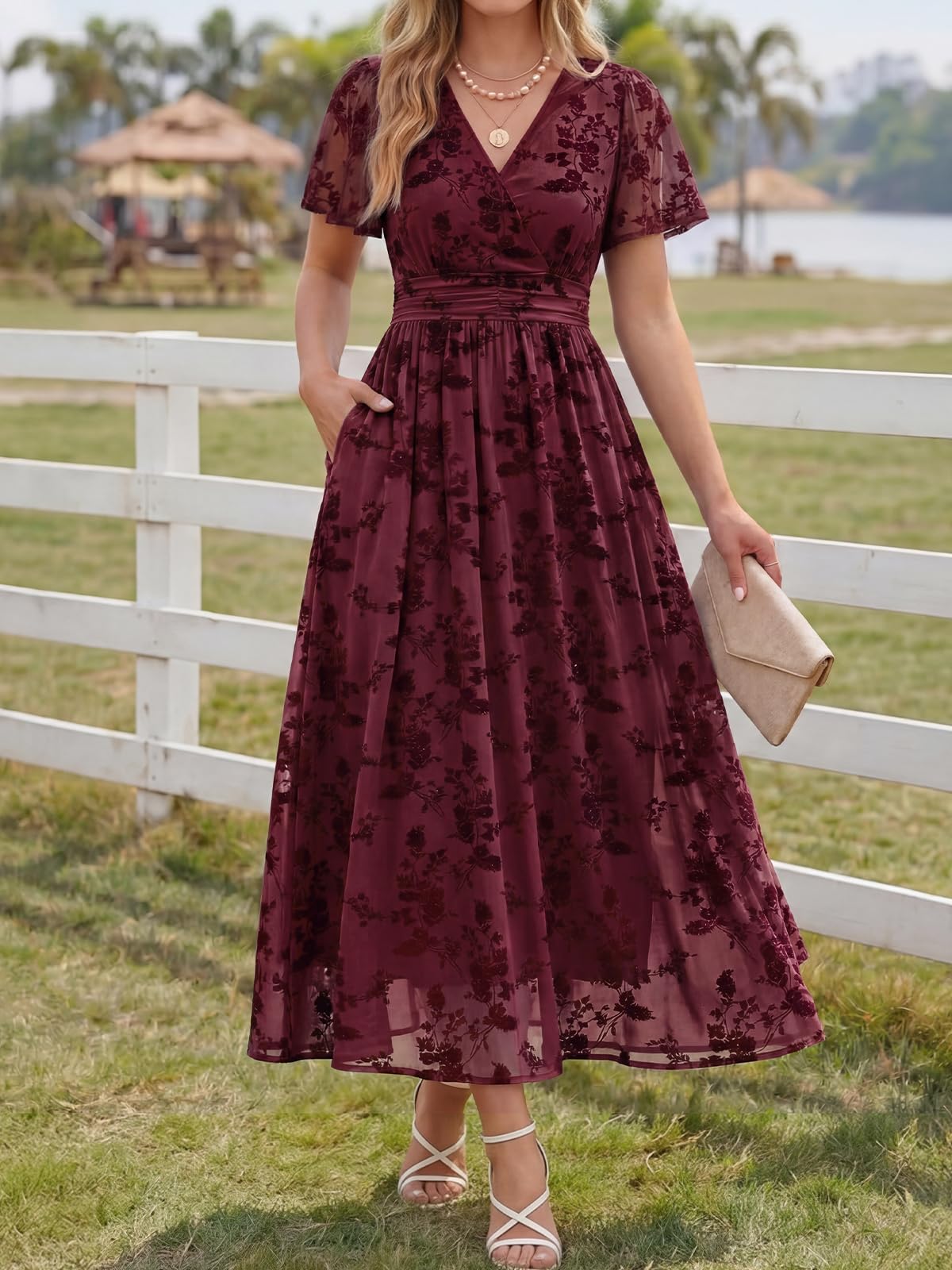 LILLUSORY Wedding Guest Maxi Dress 2026 Women Summer V Neck Short Sleeve Floral A Line Long Brunch Cocktail Wrap Dress with Pockets Formal Elegant Flowy Outfits Burgundy