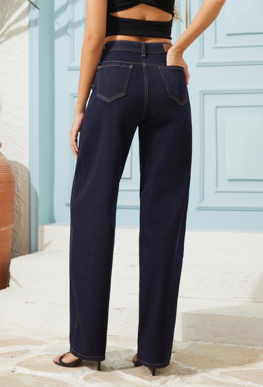 FLYING BANANA Women Trendy High Waisted Wide Leg Baggy Barrel Jeans Relax Fit Stretchy Denim Pants (Deep Blue, 8)