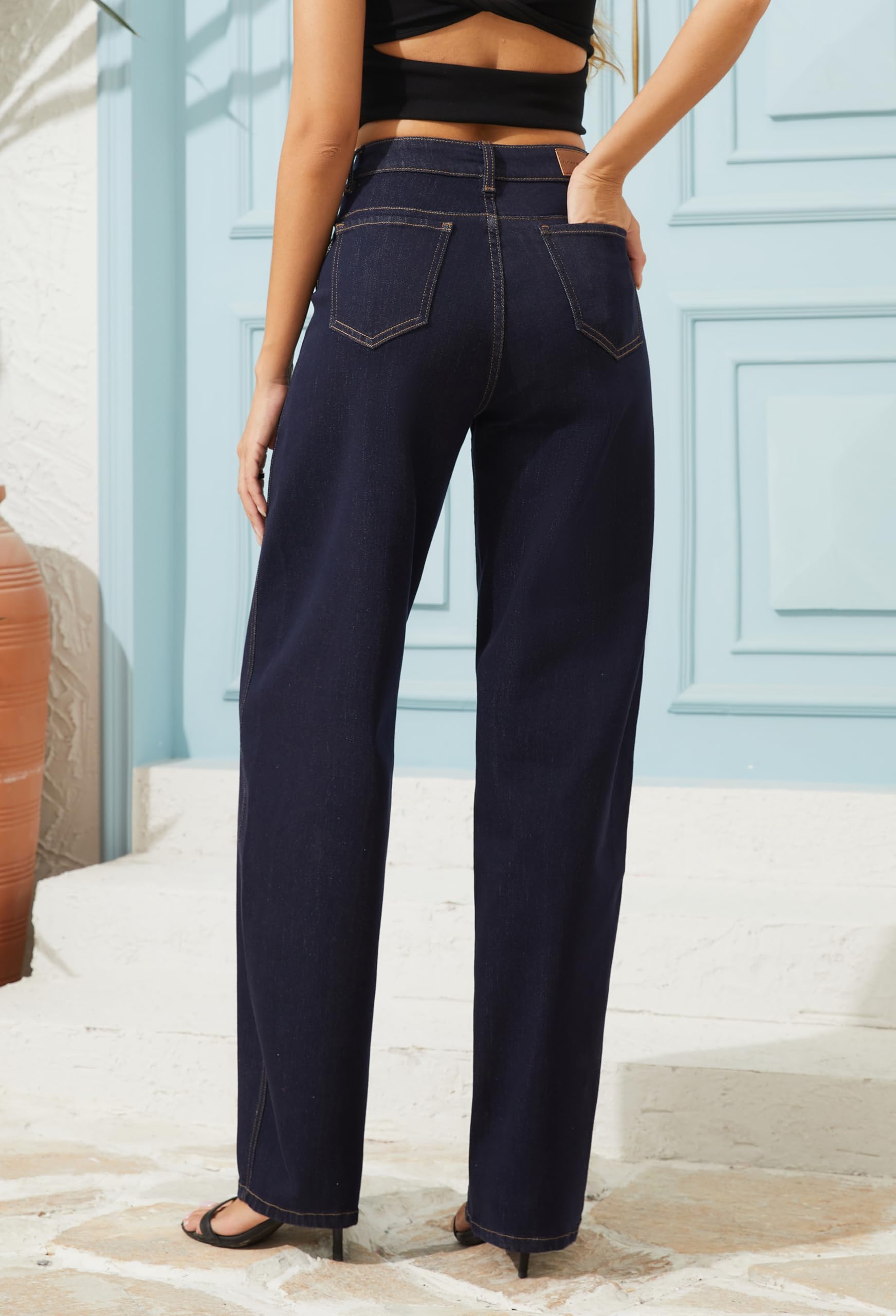 FLYING BANANA Women Trendy High Waisted Wide Leg Baggy Barrel Jeans Relax Fit Stretchy Denim Pants (Deep Blue, 8)