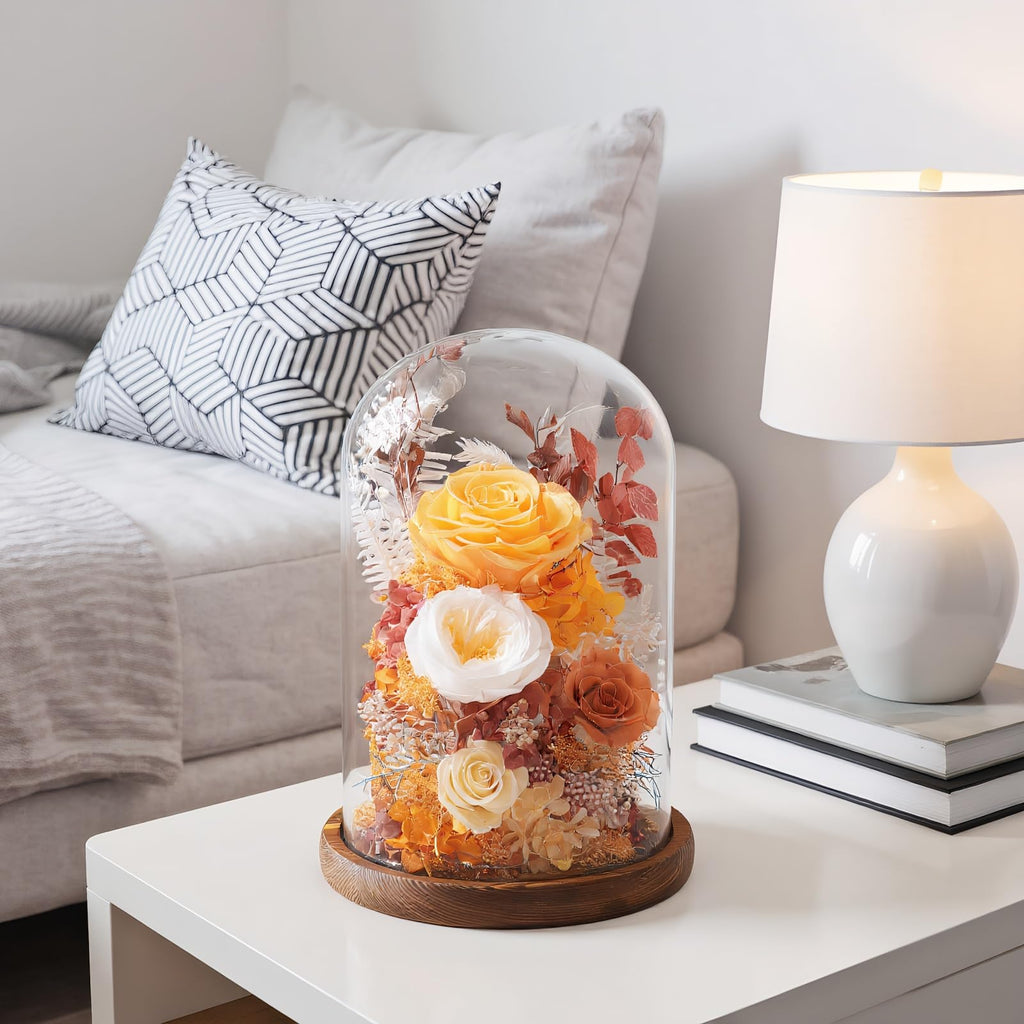 lovenfold Flowers for Delivery Prime Preserved Flowers Rose in Glass Dome,Orange Rose Forever Flowers Birthday Gifts for Women Mom Grandma Friend Thanksgiving Gifts for Her,Home Decor