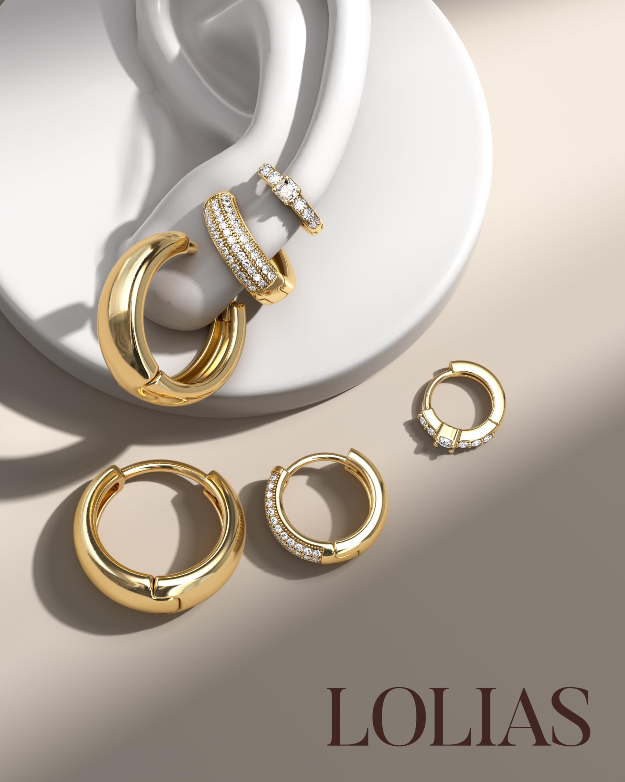 LOLIAS Small Chunky Hoop Earrings for Women, Non-Tarnish, Hypoallergenic, Huggie Silver Earring Stacks Set for Sensitive Ears, Multiple Piercing Jewelry, Lightweight, Classic 14K Gold Plated, 3 Pairs