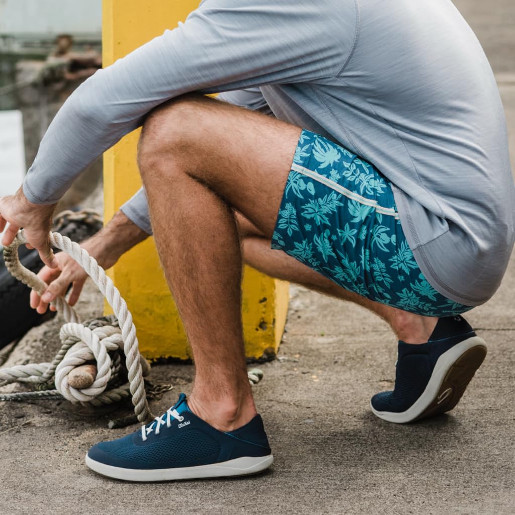 OLUKAI Moku Pae Men's Boat Shoes, Water Resistant & Breathable Mesh, Easy Slip On Design, Quick-Drying & Enhanced Traction, Trench Blue/Off White, 10.5