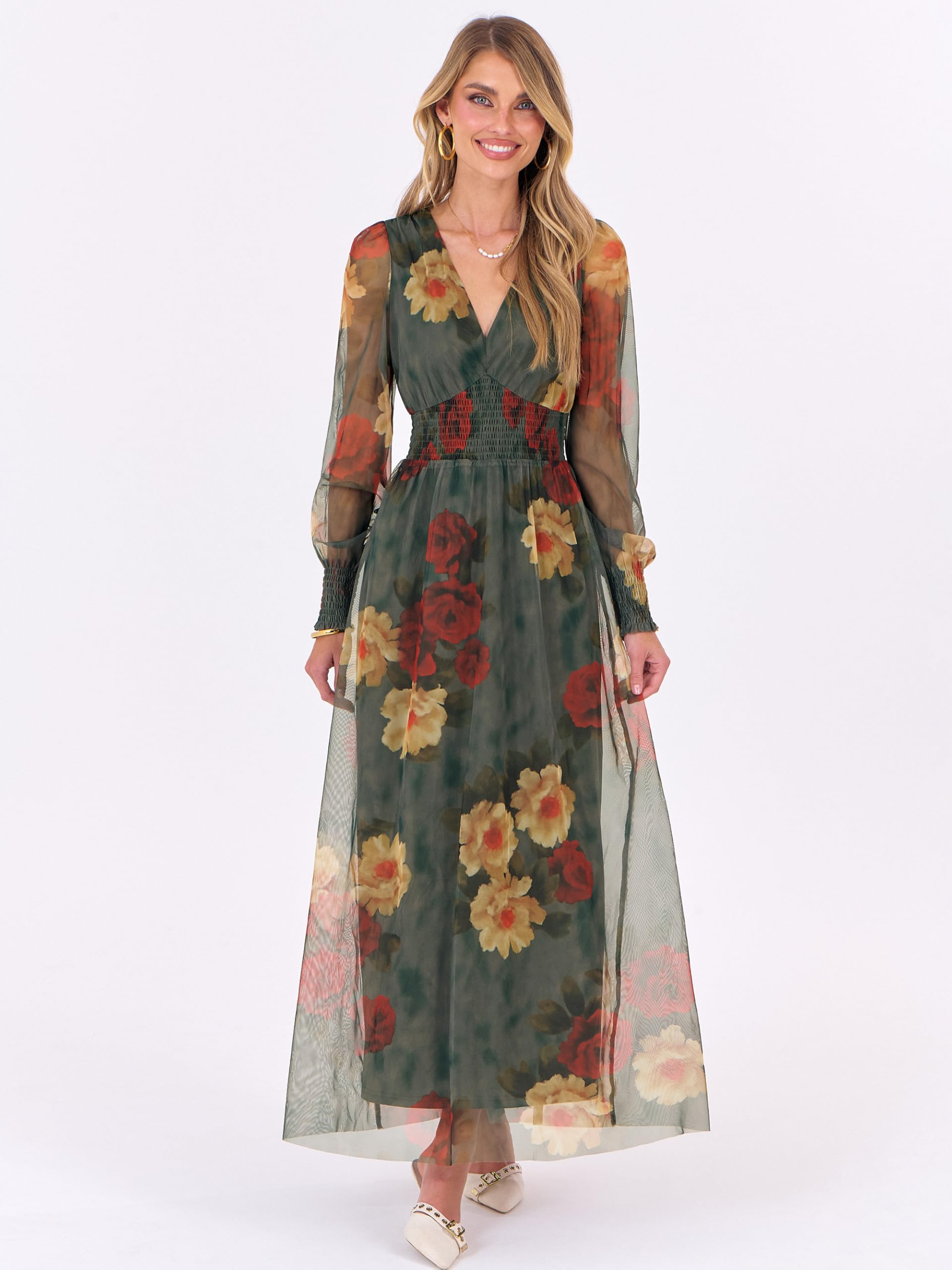 ANRABESS Women's Floral Maxi Dress 2025 Fall V Neck Puff Long Sleeve Flowy Casual Wedding Guest Tea Party Tulle Dresses Red and Yellow Rose M