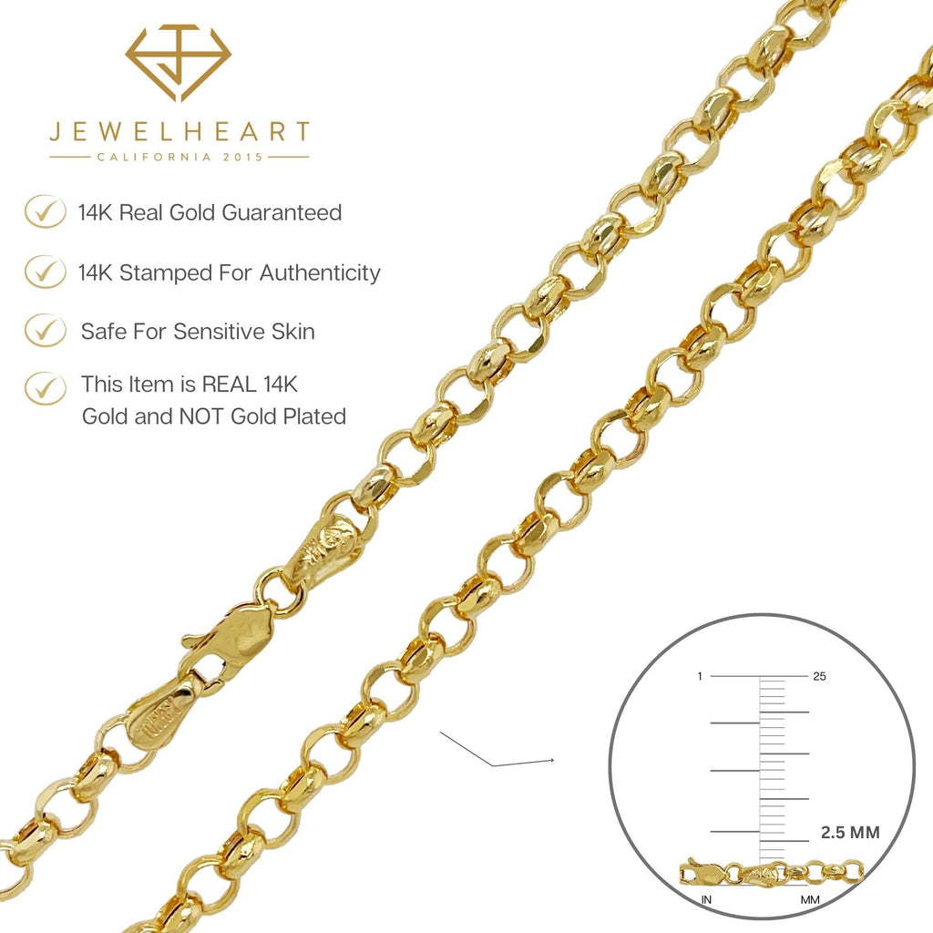 JEWELHEART 14K Yellow Real Gold Rolo Chain 2.5mm Diamond Cut Trendy Round Link Chain Pendant Necklace For Women with Lobster Clasp 22"