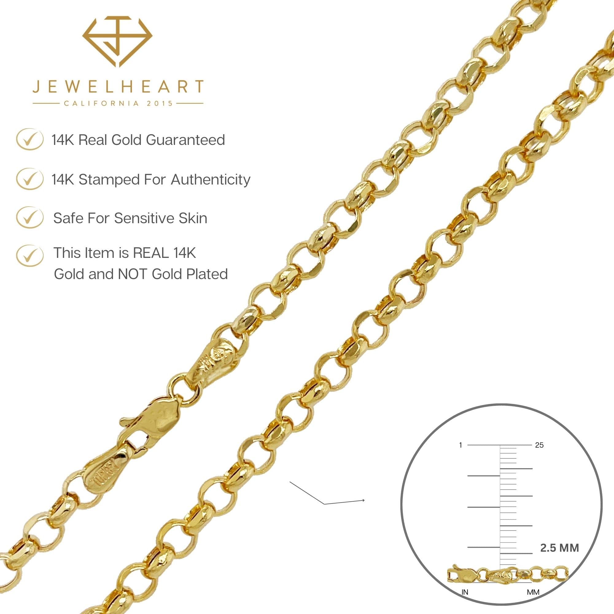JEWELHEART 14K Yellow Real Gold Rolo Chain 2.5mm Diamond Cut Trendy Round Link Chain Pendant Necklace For Women with Lobster Clasp 22"