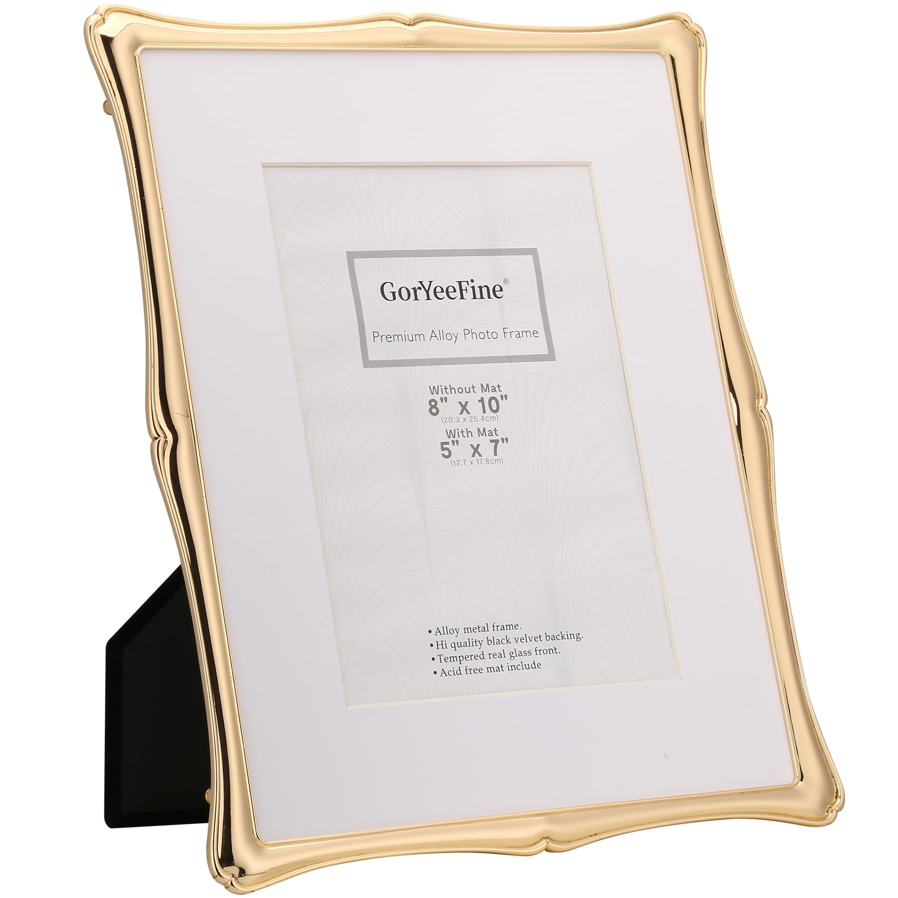 GorYeeFine 8x10'' Premium Alloy Gold Picture Frame with Acid Free Mat 5x7'',Hi-End Décor Metal Frames 5x7'' with Black Velvet Backing for Desktop Display and Wall Decor