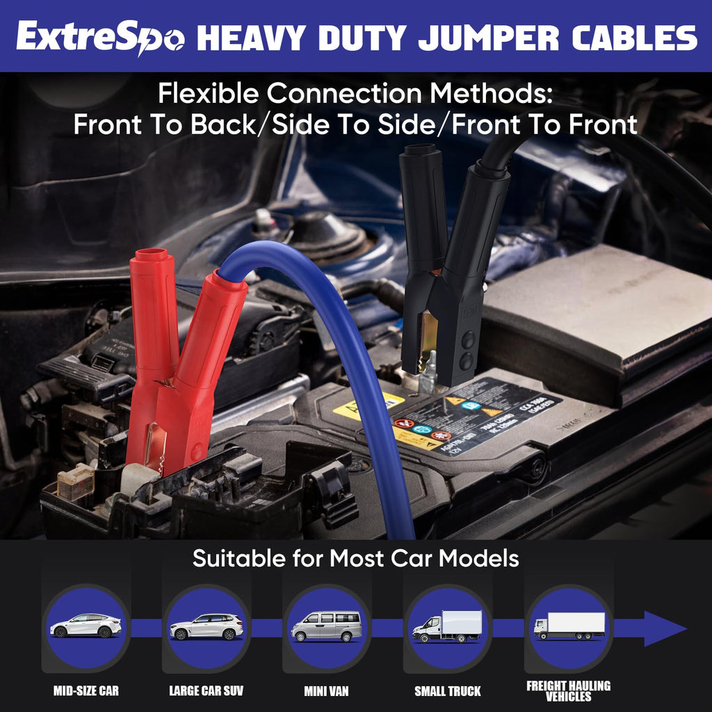 EXTRESPO 2/0 Gauge 30 FT Heavy Duty Jumper Cables, 1500Amp Quick Connect Booster Cables for 12V & 24V Cars, SUVs and Trucks, Kit with Carry Case, Gloves, Brushes
