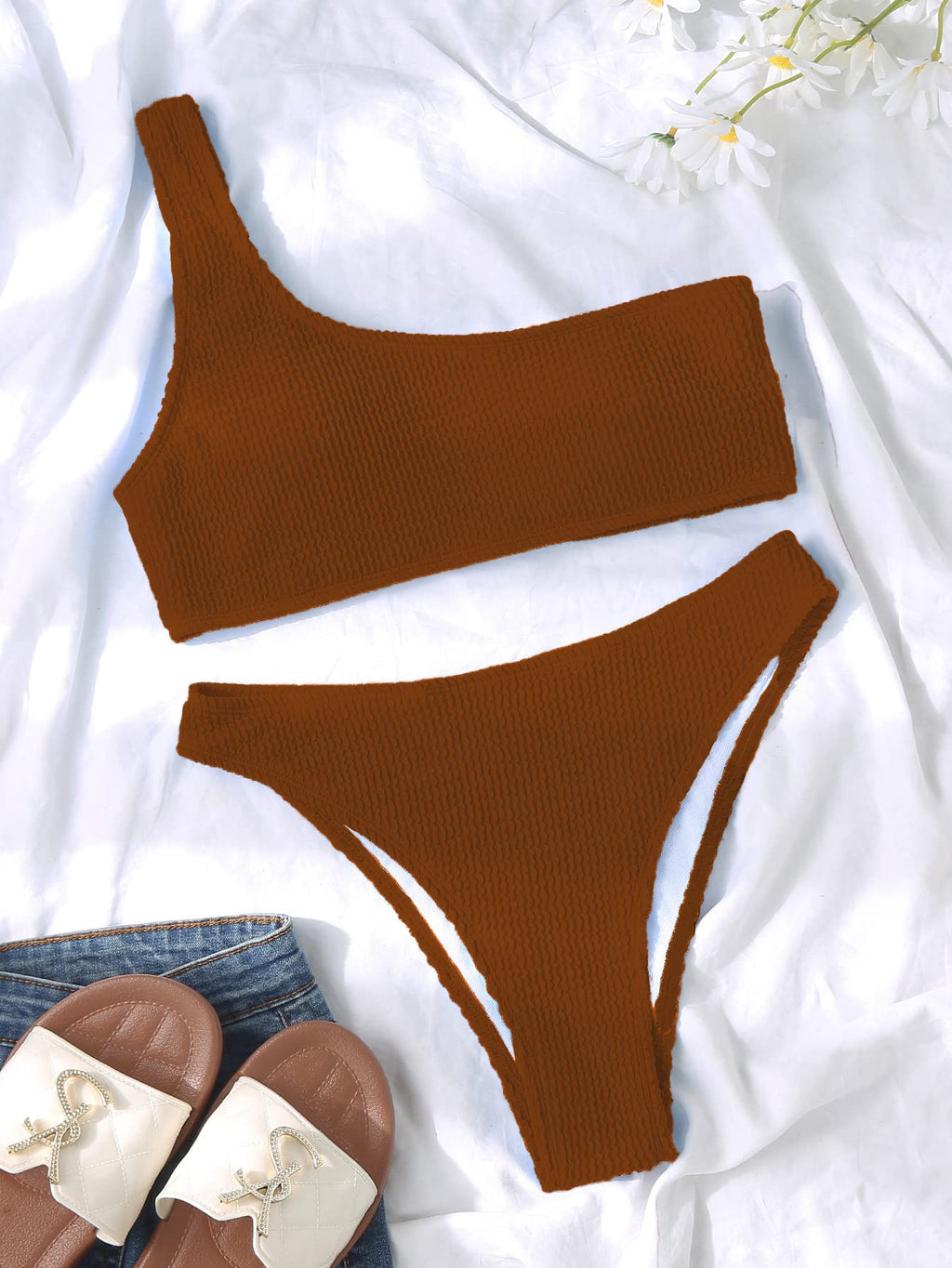 YIMISAN Womens Bikini Sets One Shoulder Top with Low Waisted Tankini Two Piece Bathing Suit Coffee
