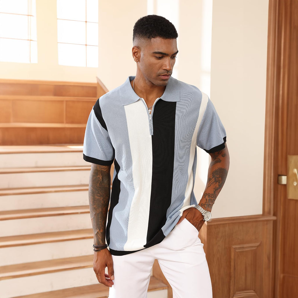 Men's Fashion Polo Shirts Vintage Striped Knitting Shirts Casual Slim Fit Golf Shirts Blue