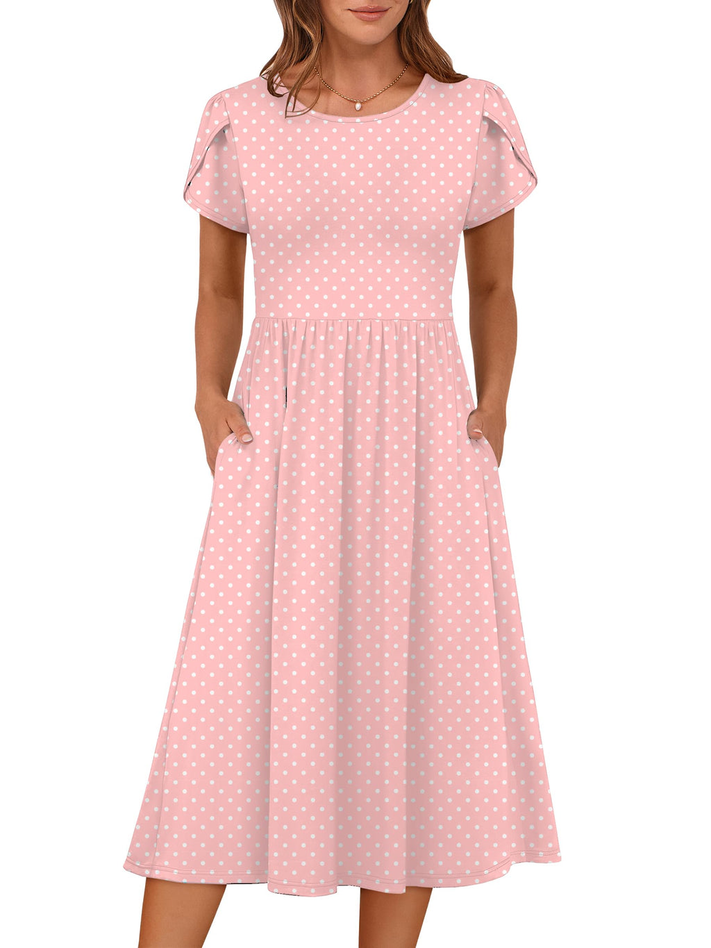 ANRABESS Women's Summer Short Sleeve A-Line Midi Dresses Casual Floral T-Shirt Dresses Flowy Beach Sundress with Pockets Pink Round Dot Large
