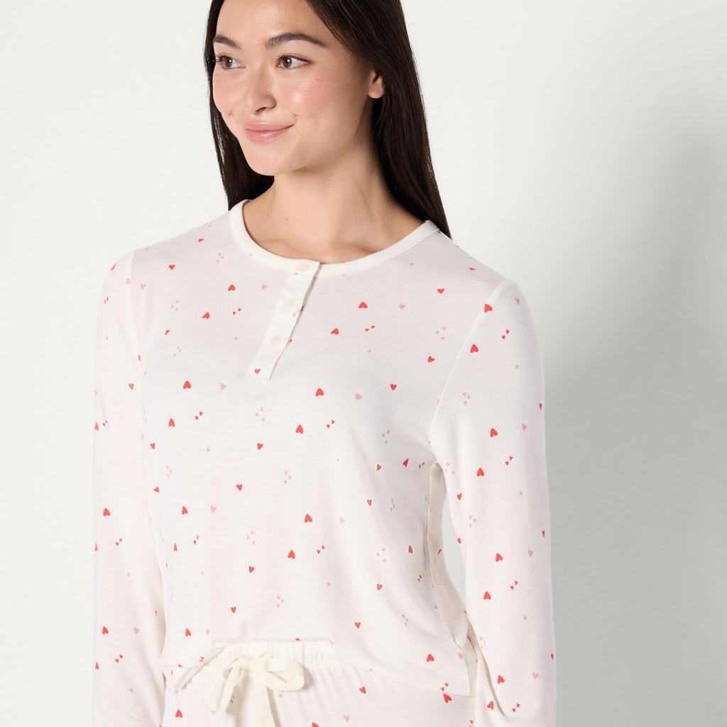 Amazon Essentials x Sofia Grainge Women's Long Sleeve Henley Pajama Set, Ivory Multi Hearts, Medium