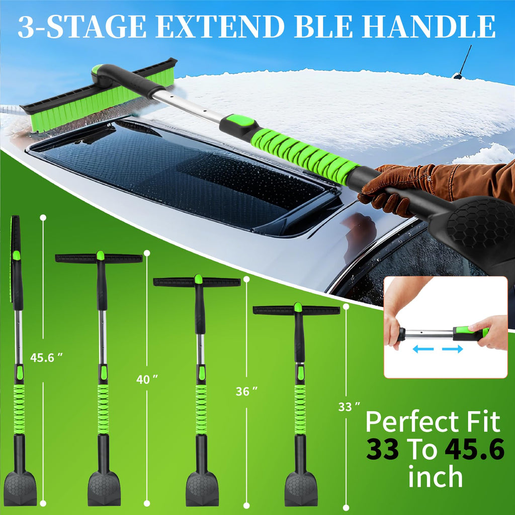 45.6" Ice Scraper and Snow Brush for Car Windshield [Silicone Bristles] ,3-in-1 Extendable Emergency Snow Shovel with Ergonomic Foam Grip and 360° Pivoting Brush Head for Christmas, Car Auto Truck SUV
