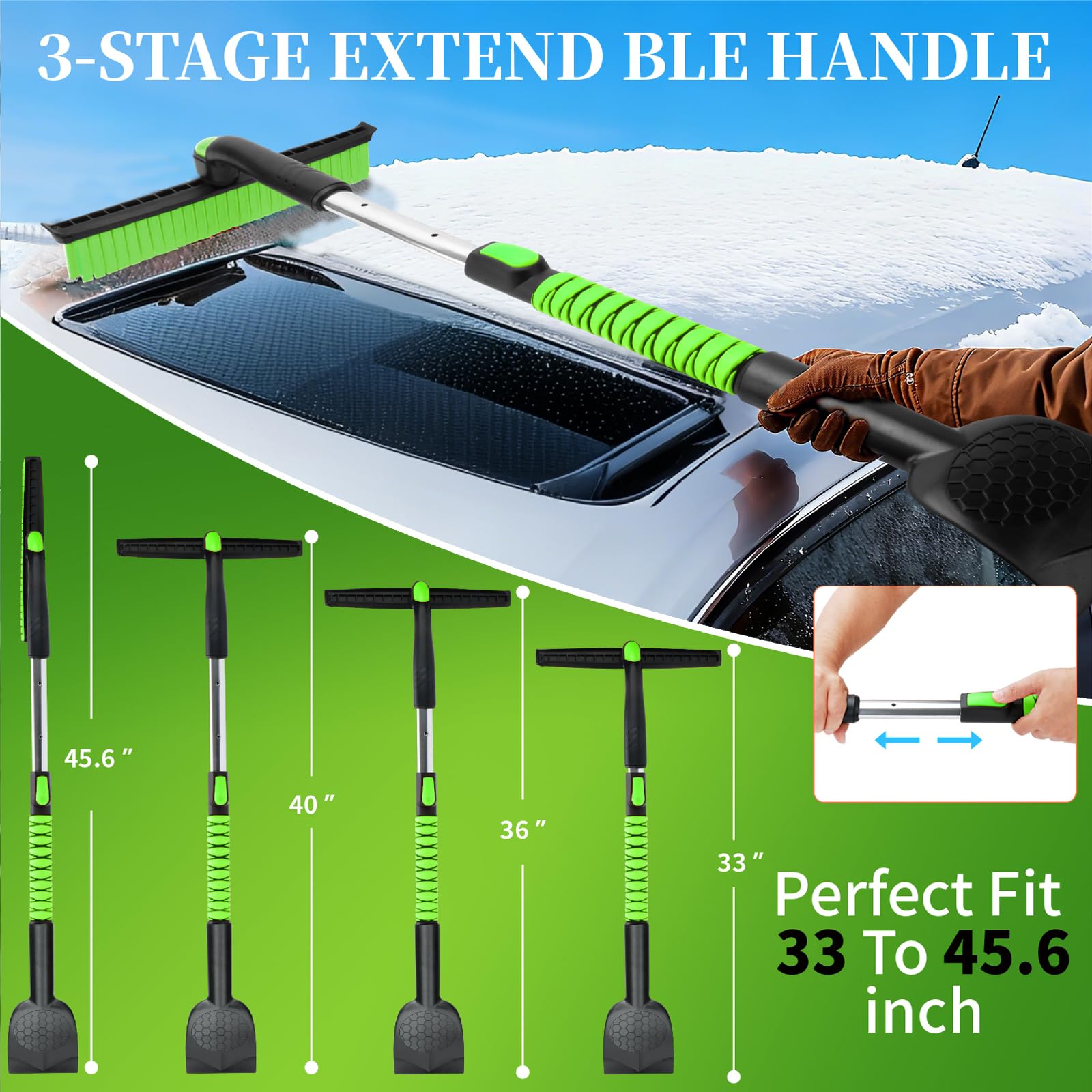 45.6" Ice Scraper and Snow Brush for Car Windshield [Silicone Bristles] ,3-in-1 Extendable Emergency Snow Shovel with Ergonomic Foam Grip and 360° Pivoting Brush Head for Christmas, Car Auto Truck SUV