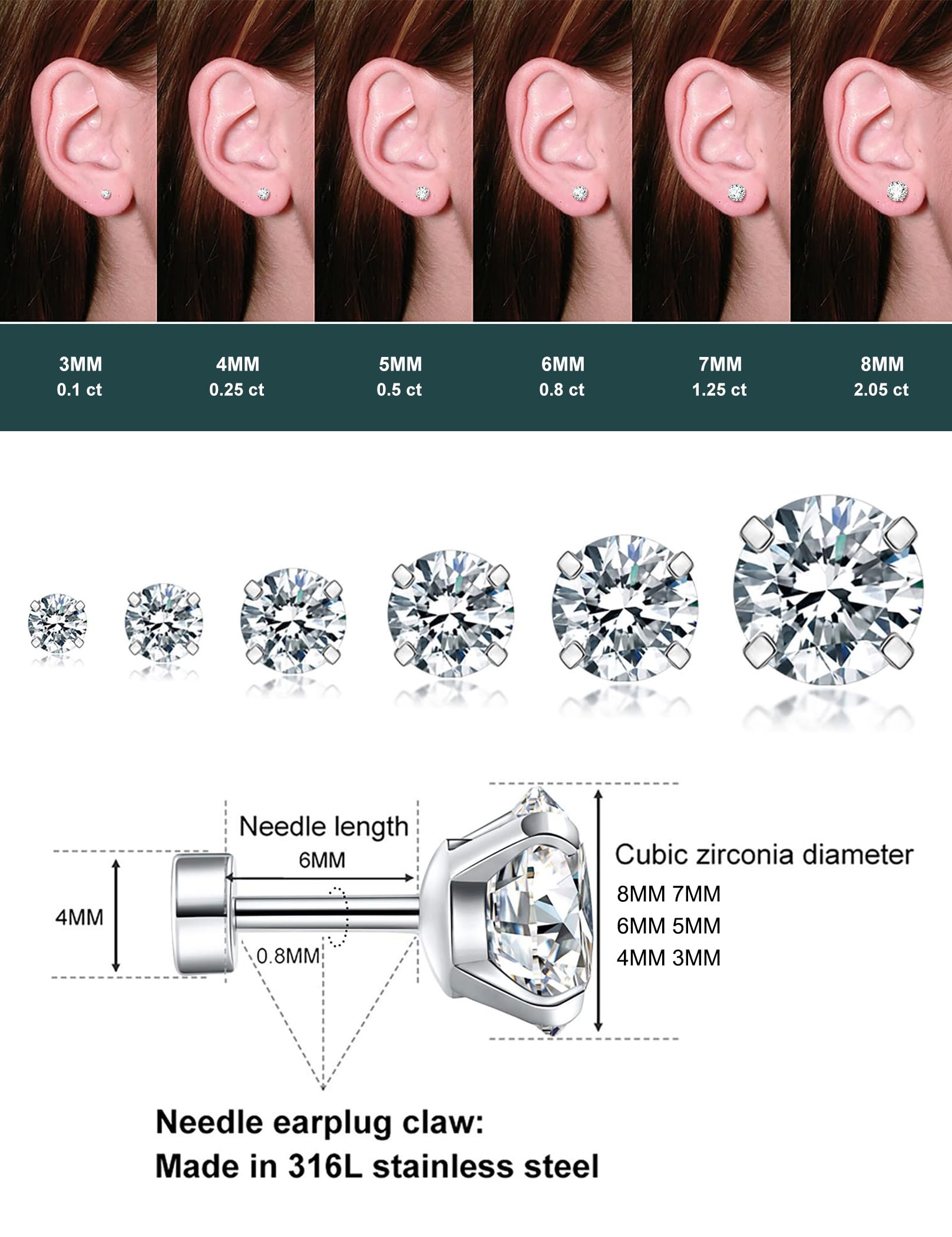 6 Pairs Hypoallergenic Cubic Zirconia Earrings Surgical Steel Flat Back Studs for Cartilage, Screw Back Fashion Jewelry