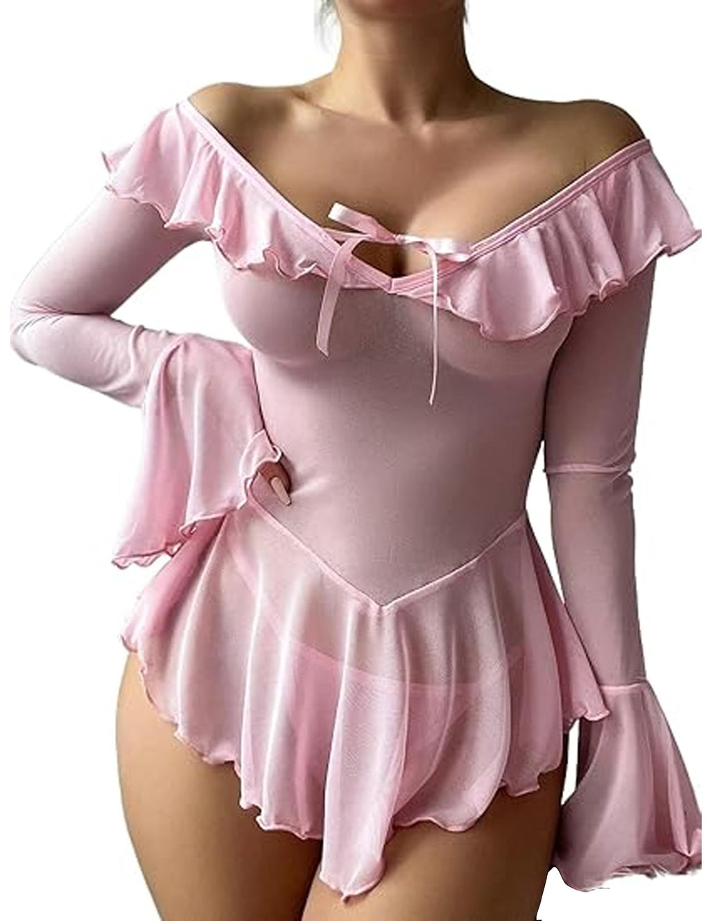 Avidlove Women Lingerie Mesh Babydoll Long Sleeve Lingerie For Women Sexy Outfits For Women (Pink, XX-Large)
