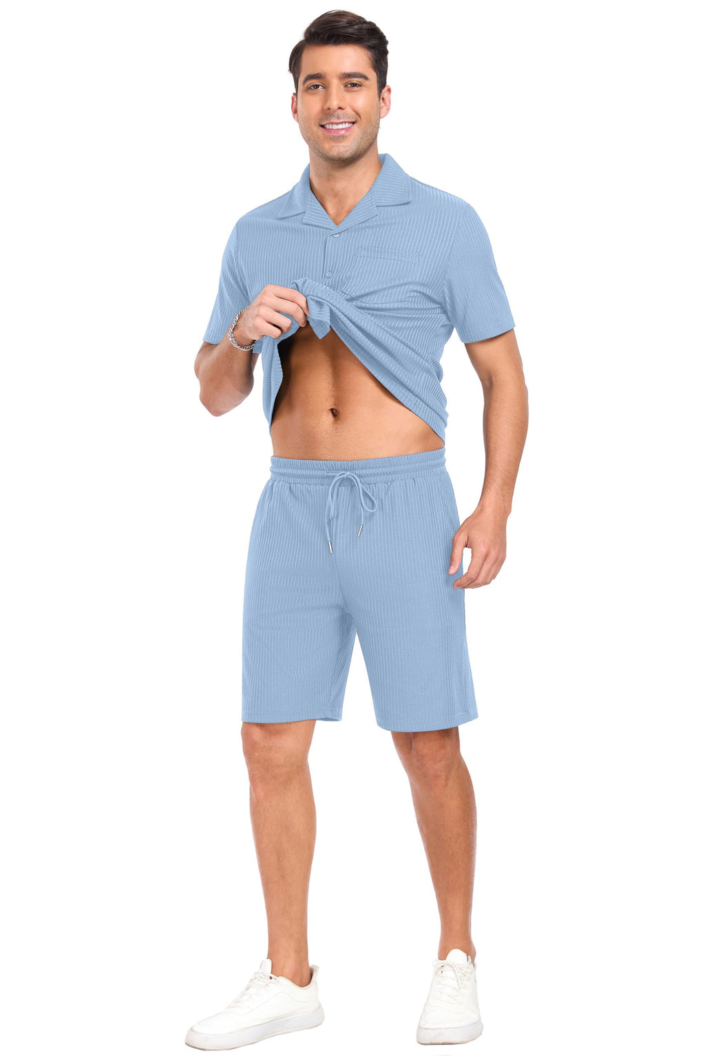 PrinStory Mens Short Sleeve Outfits 2 Piece Summer Beach Button Down Shirts and Shorts Set Tracksuit with Pockets Light Blue-S