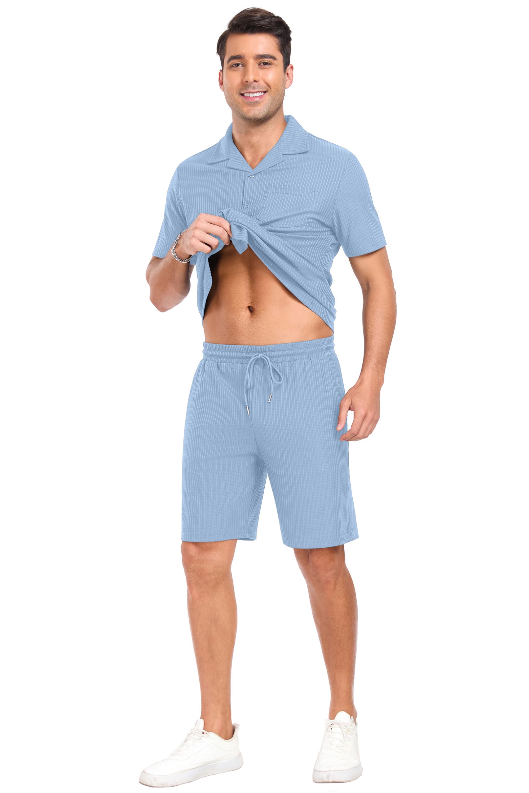 PrinStory Mens Short Sleeve Outfits 2 Piece Summer Beach Button Down Shirts and Shorts Set Tracksuit with Pockets Light Blue-S