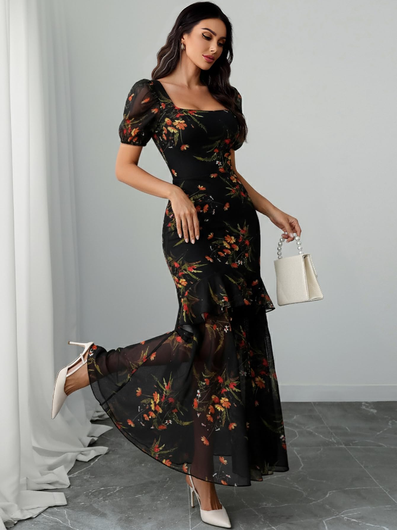 GothDark Cute Dress for Wedding Guest Summer Dresses for Women 2026 Vacation Square Neck Dress Orange Small Fits US Size 4