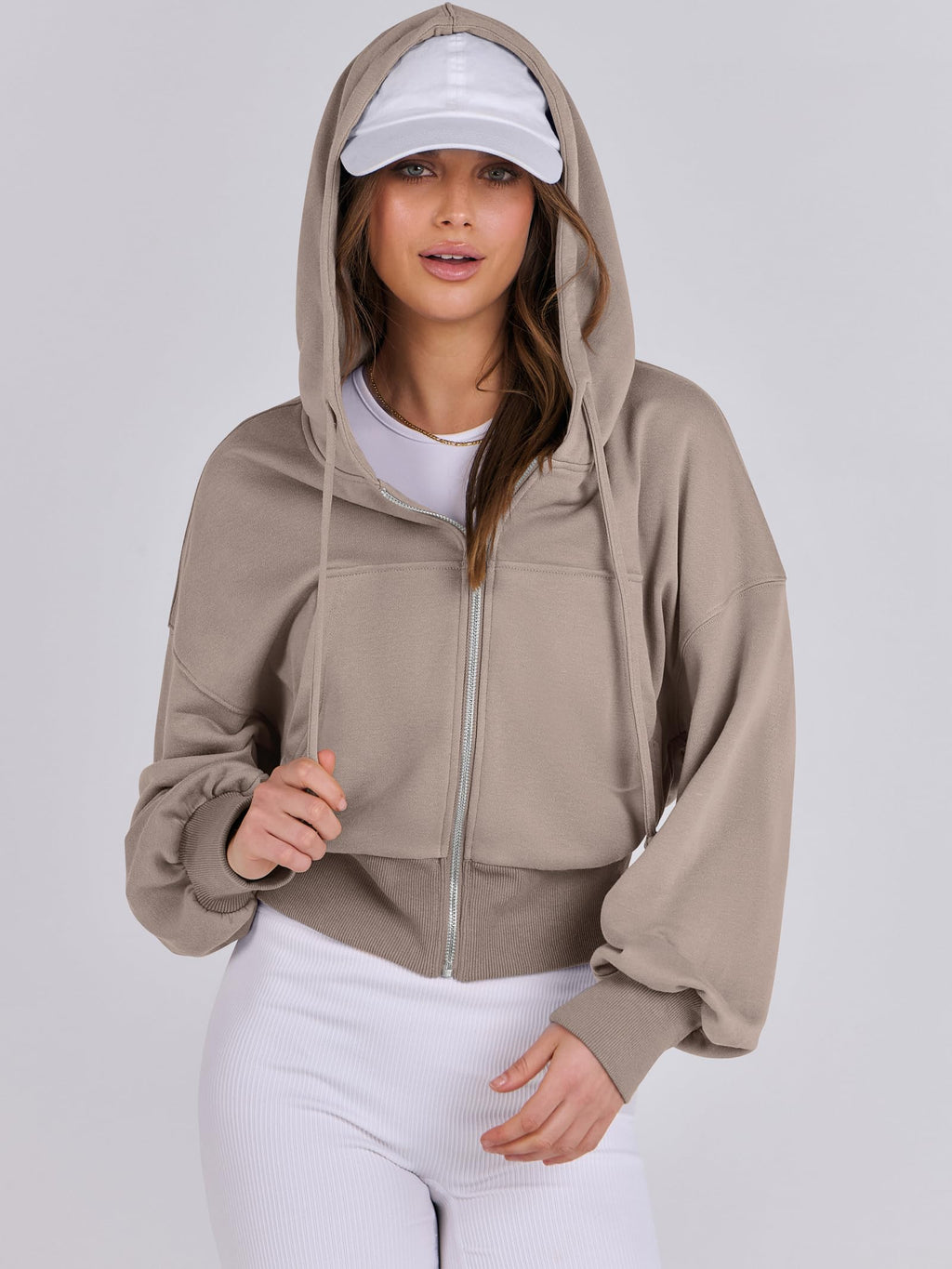ANRABESS Womens Zip Up Hoodies Cropped Sweatshirts Casual Comfy Cute Zip Jackets Fashion Trendy Fall Outfits 2026 Y2K Clothes Khaki Medium