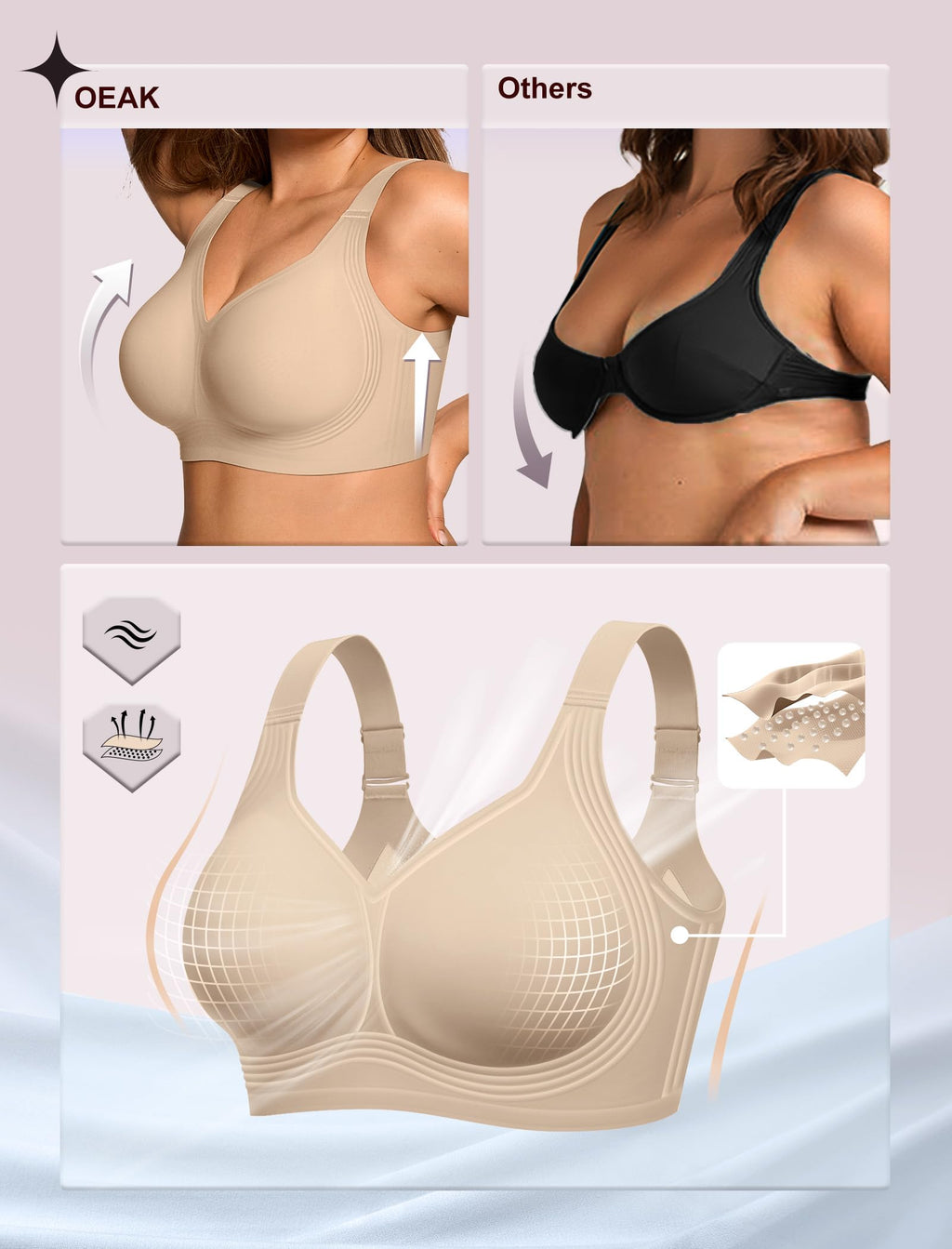 OEAK Womens Wireless Jelly Bra Plus Size Supportive Seamless Bras Full Coverage Push Up Comfortable No Underwire Tshirt Bras Creamy Beige L