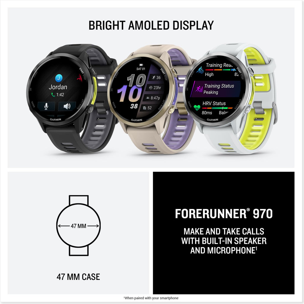 Garmin® Forerunner® 970, Premium GPS Running and Triathlon Smartwatch, AMOLED Display, Built-in LED Flashlight, Carbon Gray DLC Titanium with Black Case and Translucent Whitestone Band
