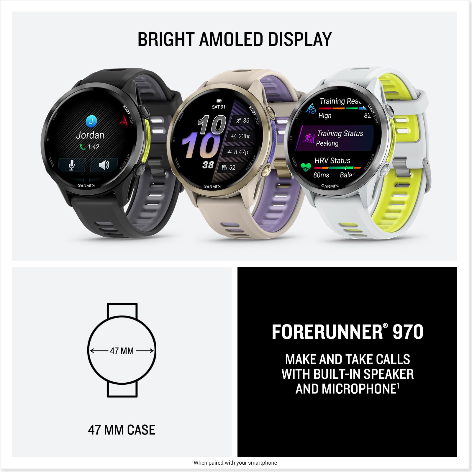 Garmin® Forerunner® 970, Premium GPS Running and Triathlon Smartwatch, AMOLED Display, Built-in LED Flashlight, Carbon Gray DLC Titanium with Black Case and Translucent Whitestone Band