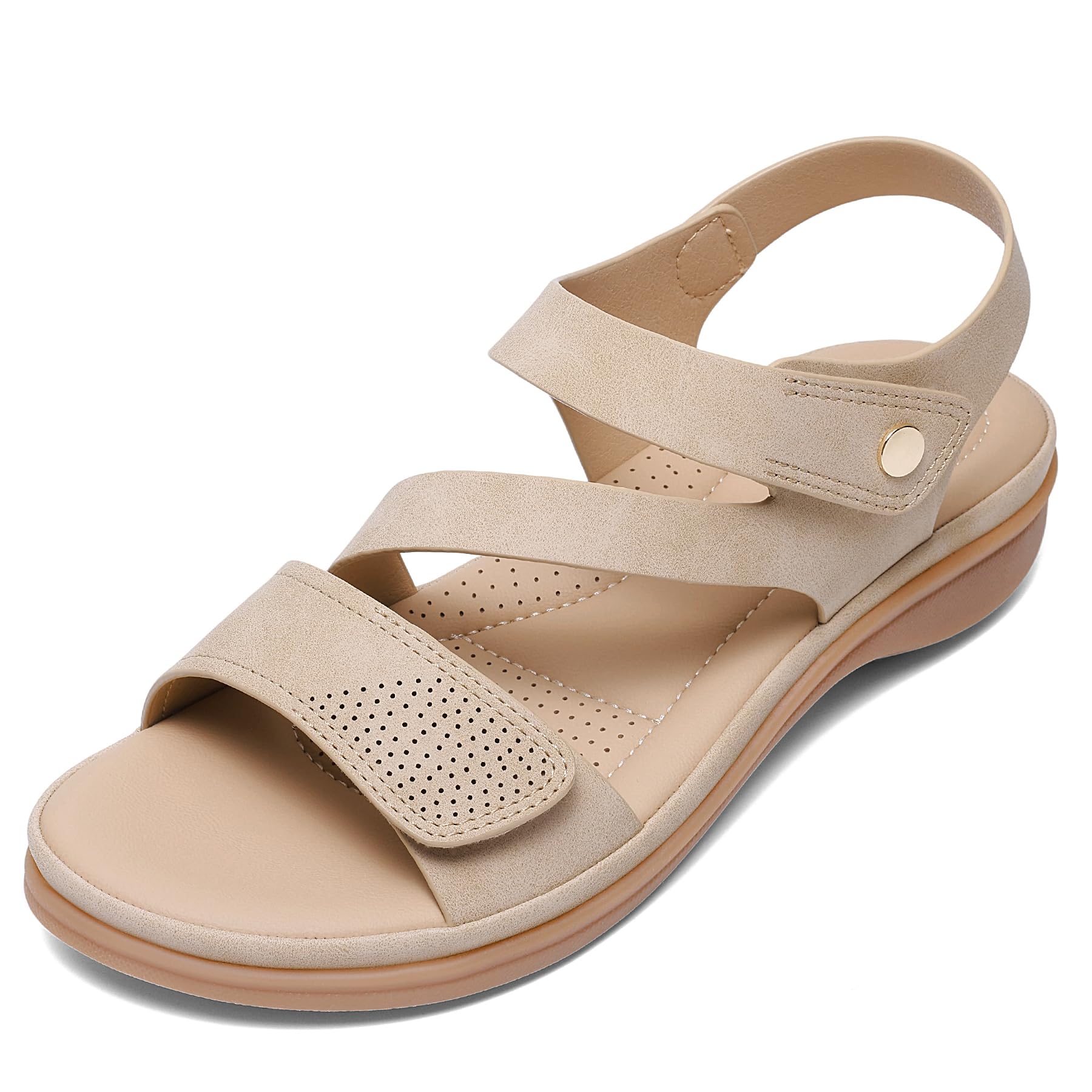 Littleplum Womens Sandals Arch Support – Comfortable Flat Sandals for Women, Summer Breathable Adjustable Orthotic Walking Shoes for Beach,Travel Apricot Size 7