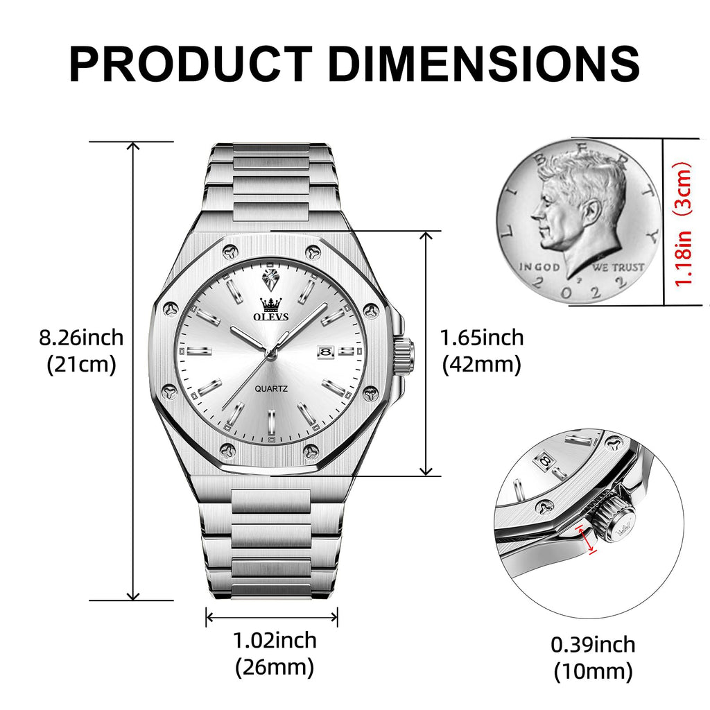 OLEVS Watch Men Luxury Silver Stainless Steel Dress Wrist Analog Quartz Waterproof Watches for Men Fashion Luminous Nice Large Face Minimalist Mens Watches Relojes para Hombres