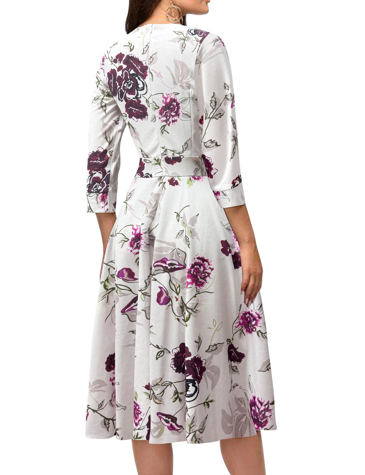 Simple Flavor Women's Floral Vintage Dress Elegant Autumn Midi Evening Dress 3/4 Sleeves (Beige, M)