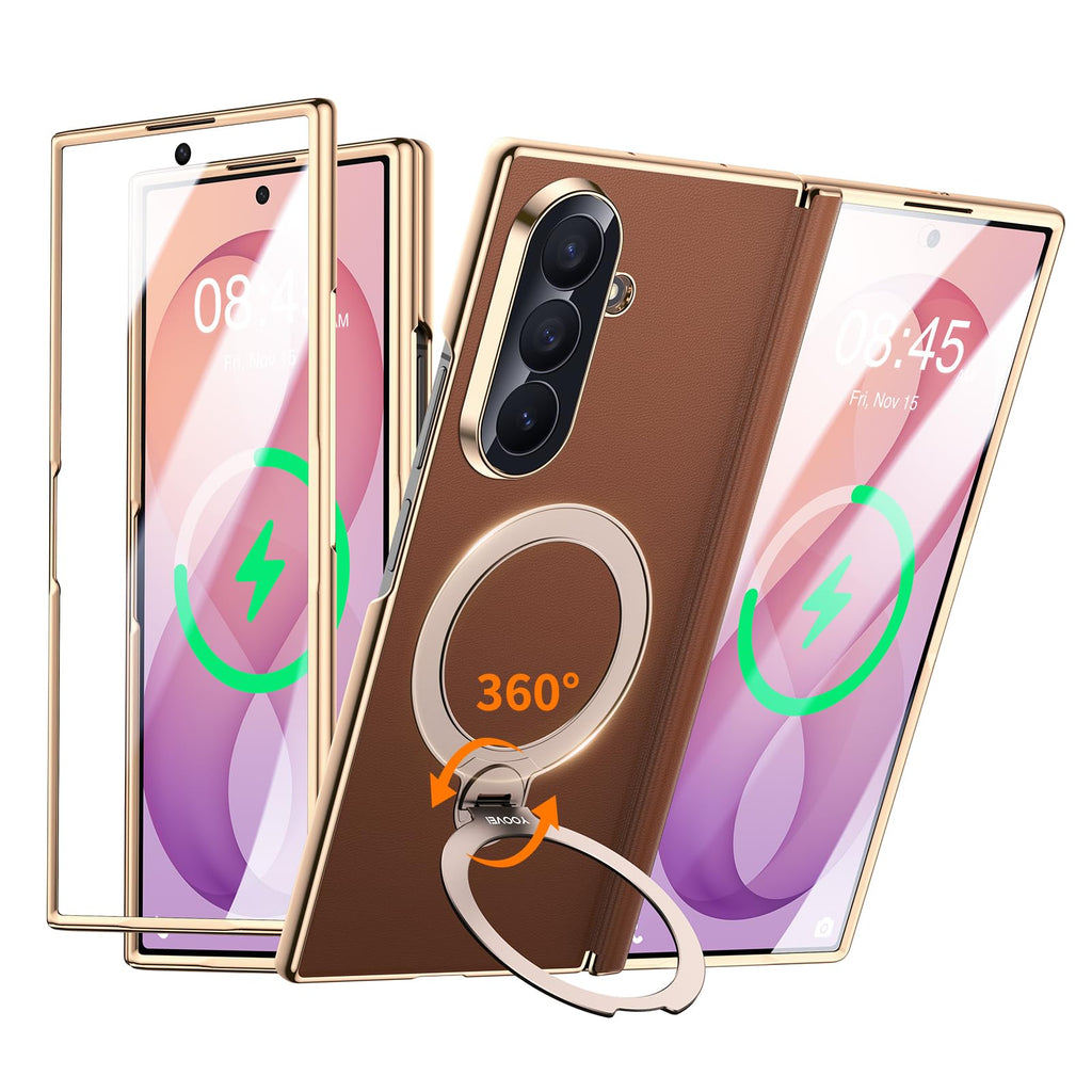 YOOVEI Magnetic for Samsung Galaxy Z Fold 8 Ultra Case Luxury Leather [Hinge Protection] Built-in [Screen Protector] [Fit for MagSafe] Zfold 8 Ultra Case with Kickstand & Ring Holder,Brown