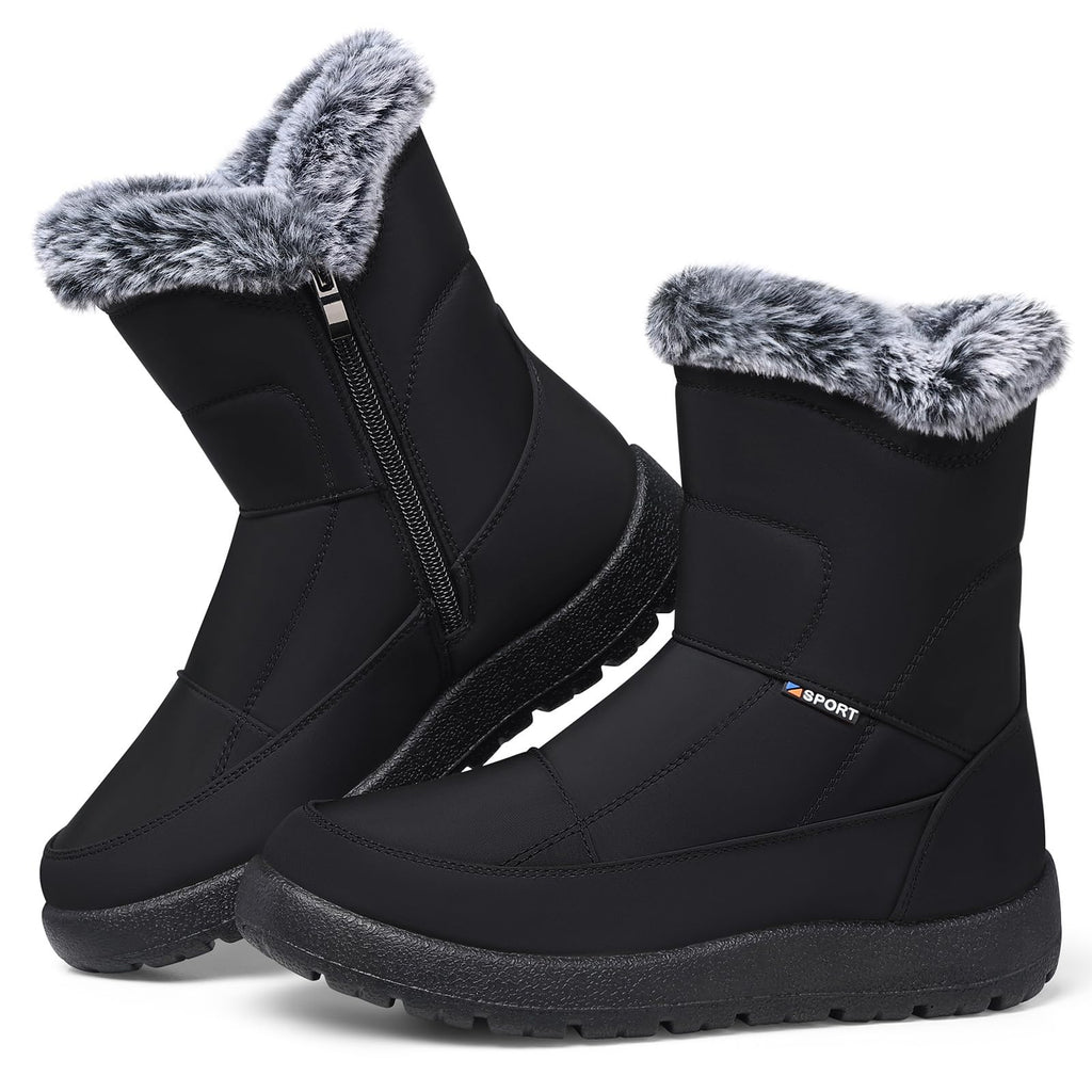 SHIBEVER Women's Snow Boots Winter: Waterproof Fur Lined Anti-Slip Ankle Booties Outdoor Comfortable Furry Women Snow Boot Black Size 9