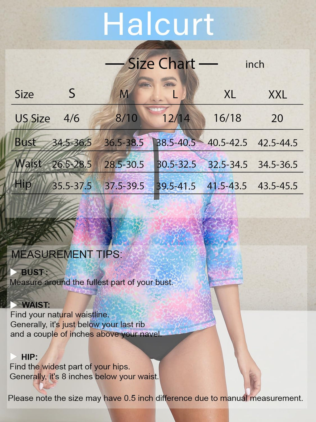Halcurt Women's 3/4 Sleeve Rash Guard Swimsuit Top High Neck Half Zip Swim Shirt Only UPF50+ Quick Dry Bathing Suit Leopard M