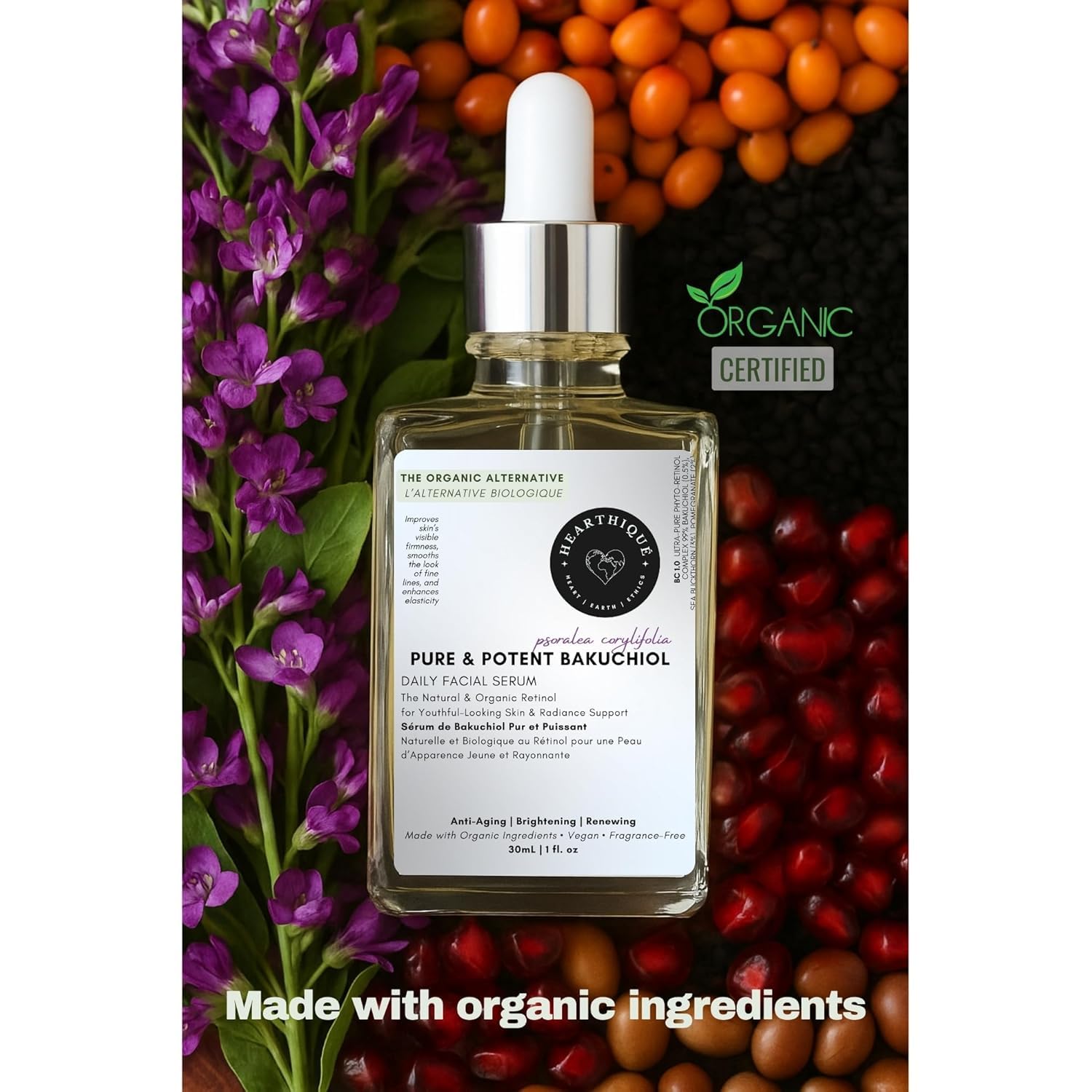 Hearthical Organic Oil-Based Bakuchiol Serum For Face | 1oz Natural Retinol Alternative for Glowing Skin | Brightening Serum For Face | 99% Pure Bakuchiol Oil with Jojoba & Sea Buckthorn | Made In USA