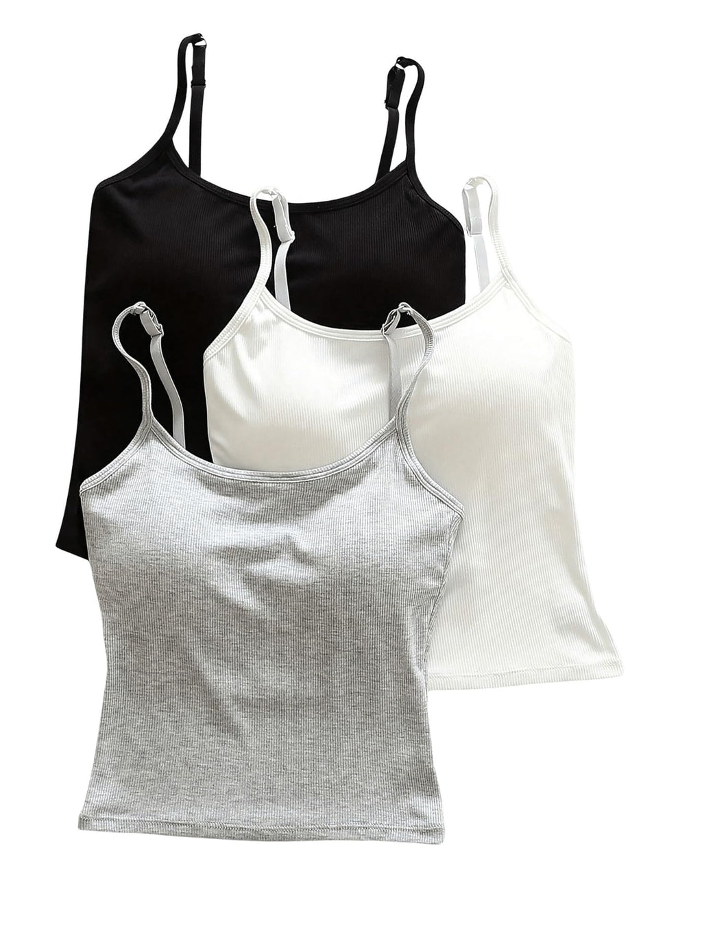WDIRARA Women's 3 Pack Cami Crop Top Built in Bra Spaghetti Strap Tank Camisole Tops Black White Grey Large