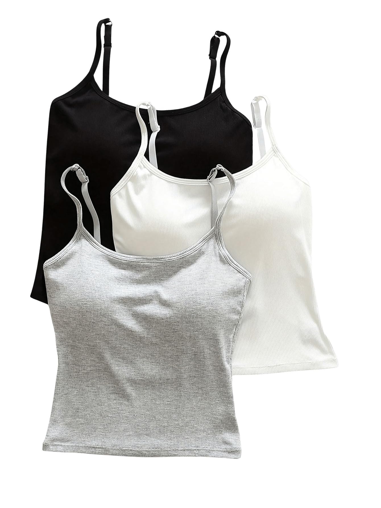 WDIRARA Women's 3 Pack Cami Crop Top Built in Bra Spaghetti Strap Tank Camisole Tops Black White Grey Medium