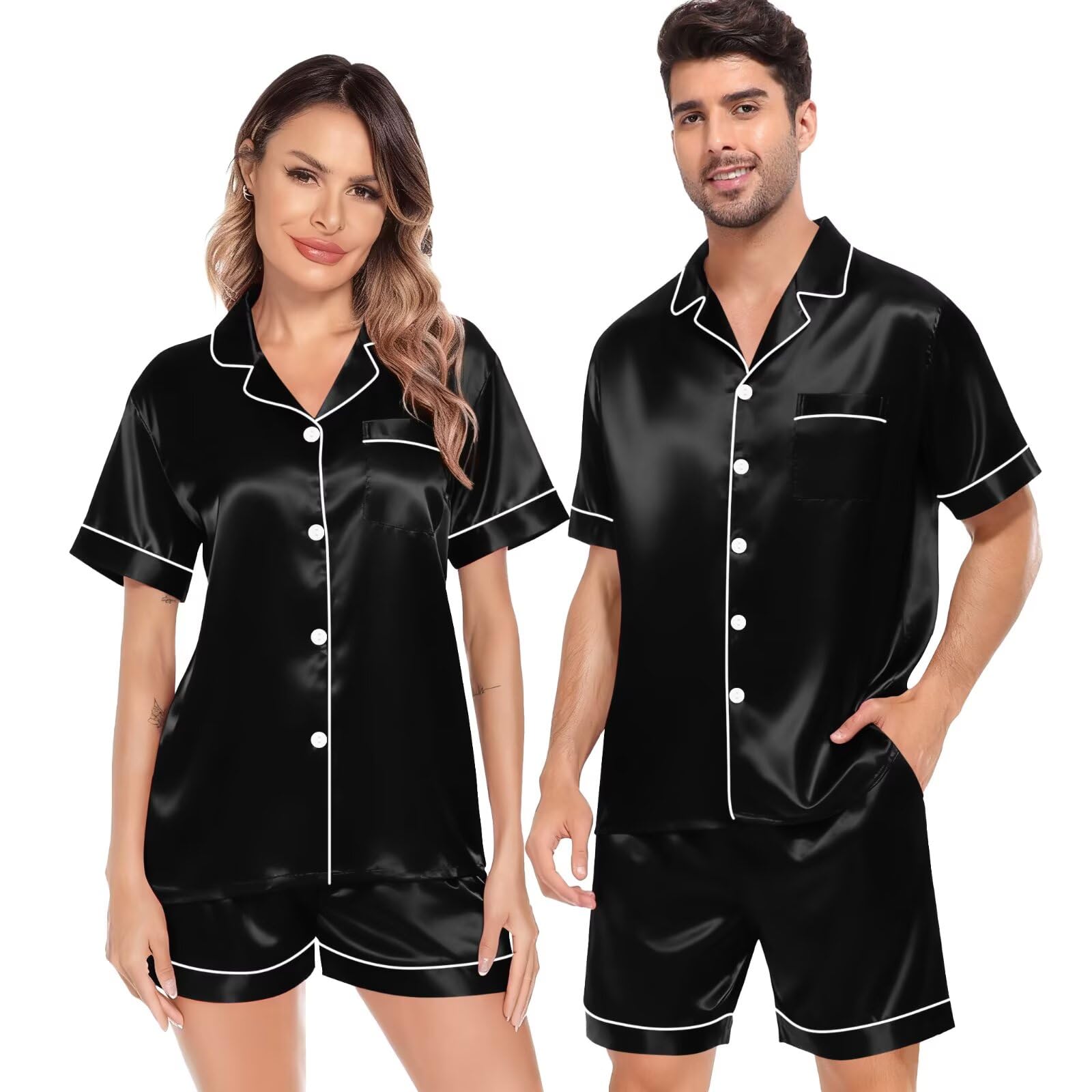 SWOMOG Satin Matching Pajamas Sets Couple Silk Button Down Nightwear Women & Men Short Sleeve Sleepwear 2 Pieces Loungewear Black