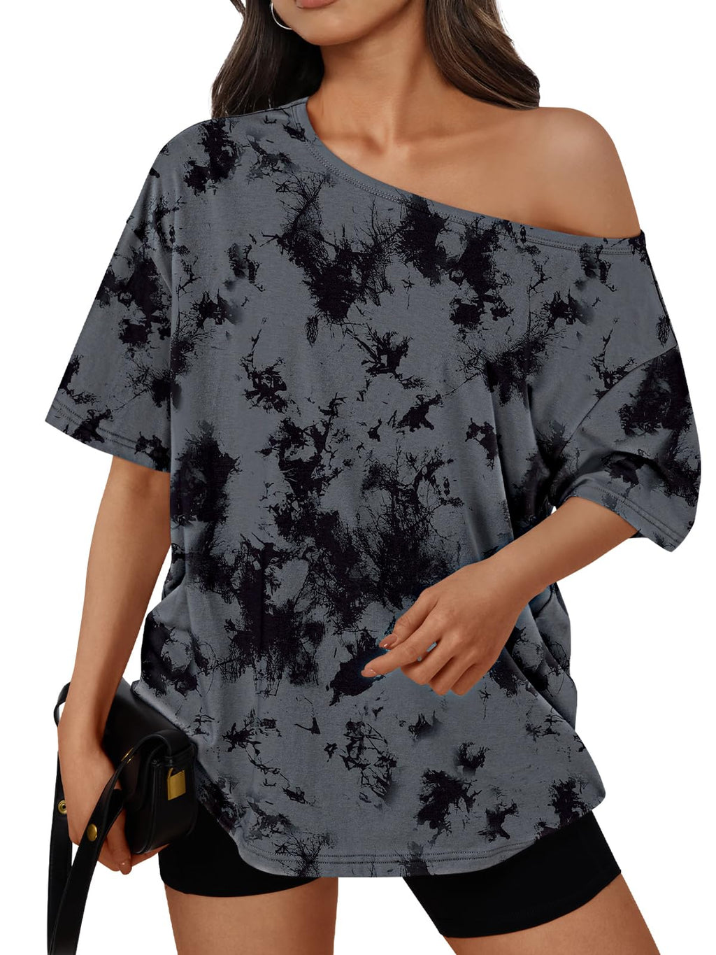 Trendy Queen Womens Off the Shoulder Tops Oversized T-Shirts Short Sleeve Tees Summer 2026 Casual Spring Clothes Workout Gym Y2k Cute Going Out Plus Size Fashion Clothing CamoDarkgrey M