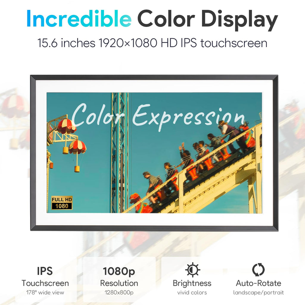 Skyrhyme 15.6'' Digital Picture Frame with 1920x1080 IPS Touch Screen, 32GB Frameo WiFi Digital Photo Frame, Share Photos/Videos and Send Best Wishes via Free App