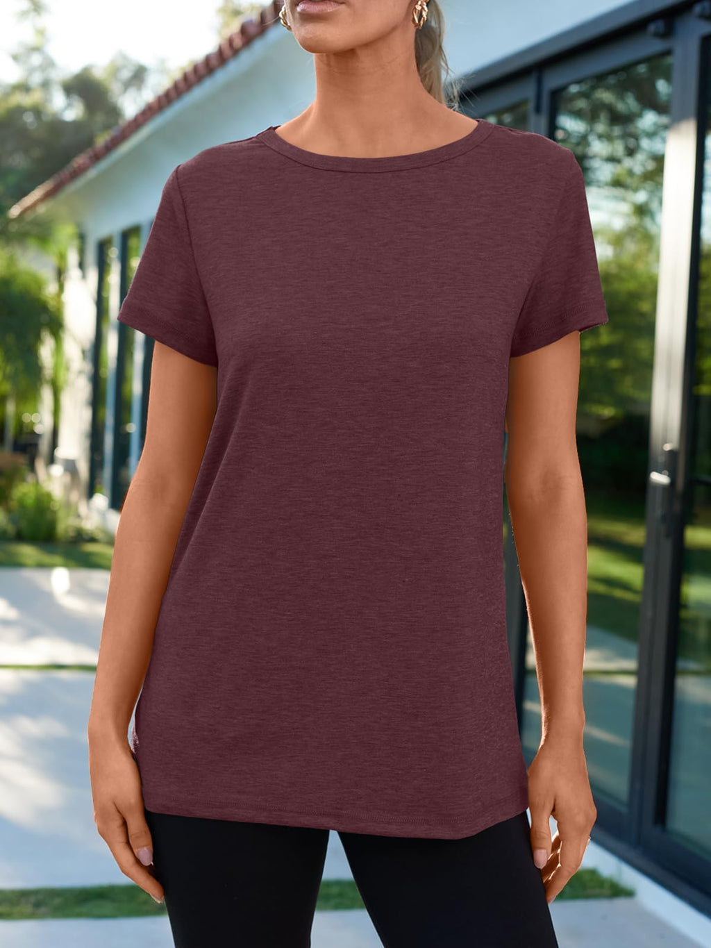 AUTOMET Women's Soft Basic Short Sleeve T-Shirt, Round Neck Top Casual Tee for Spring Summer Resort Wear 02winered XL