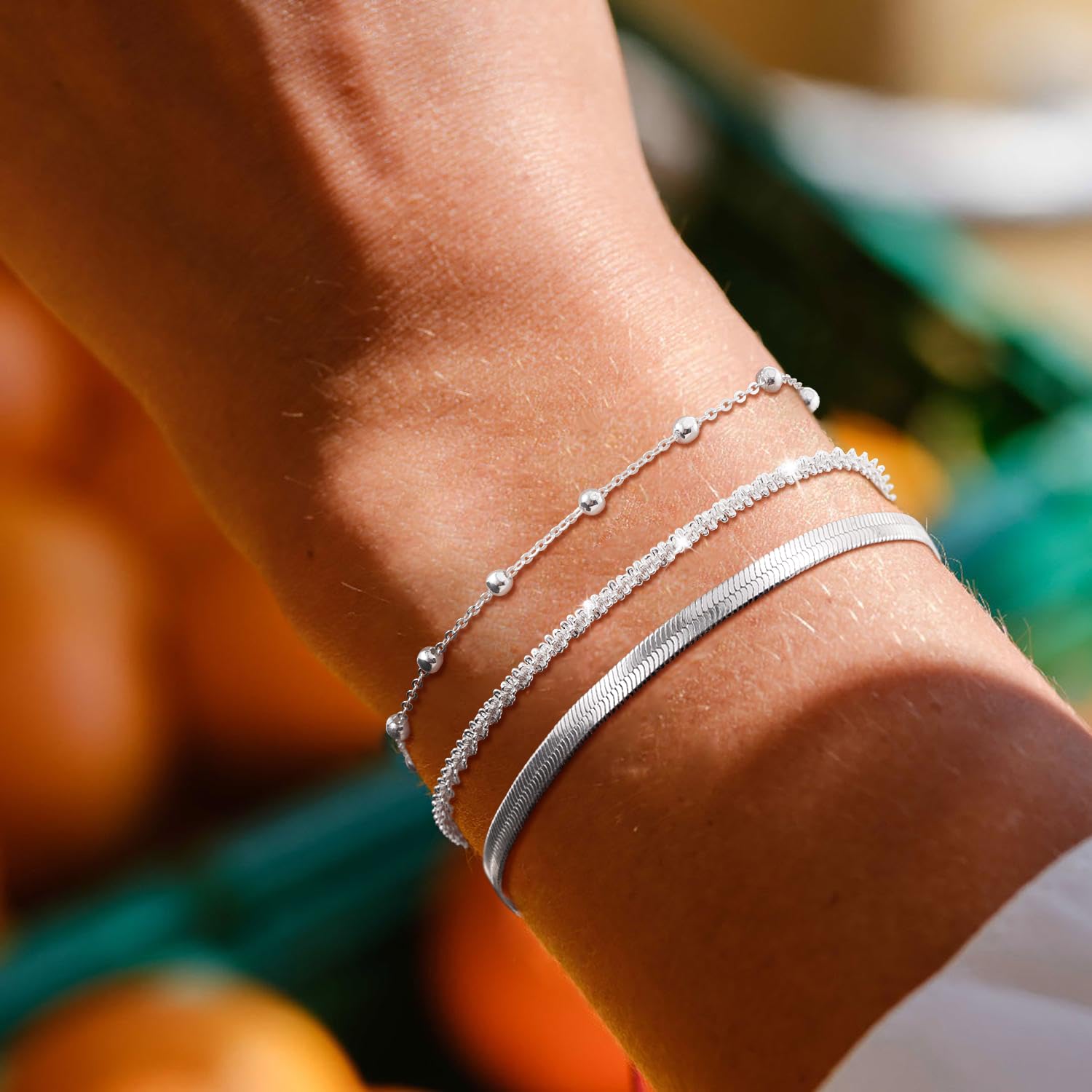 Silver Plated Layered Bracelets Bracelets Set for Women Silver Dainty Link Chain Bracelet Stackable Jewelry Gifts for Women