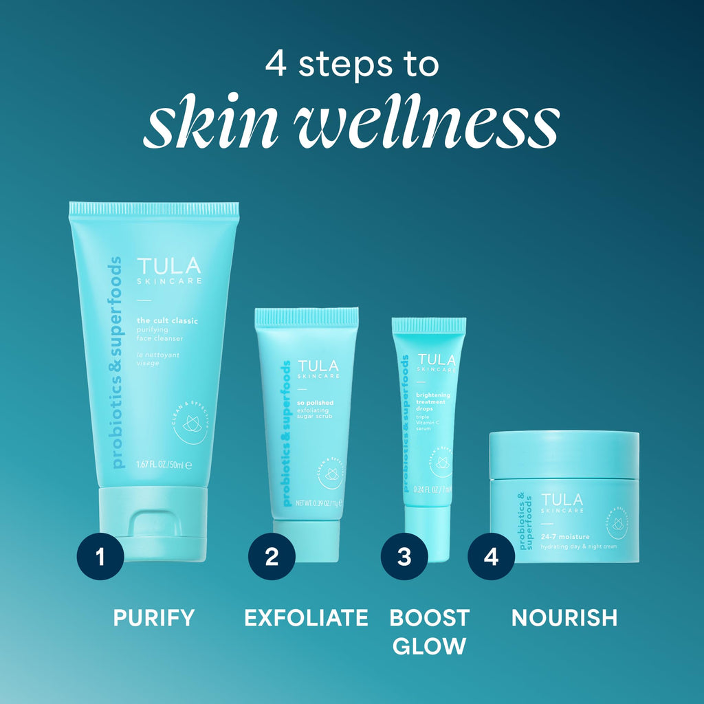 Tula Skin Care On the Go Best Sellers Travel Kit, Facial Cleanser, Day & Night Moisturizer, Sugar Scrub & Vitamin C Serum for Glowing, Radiant Skin, 1.0 Count